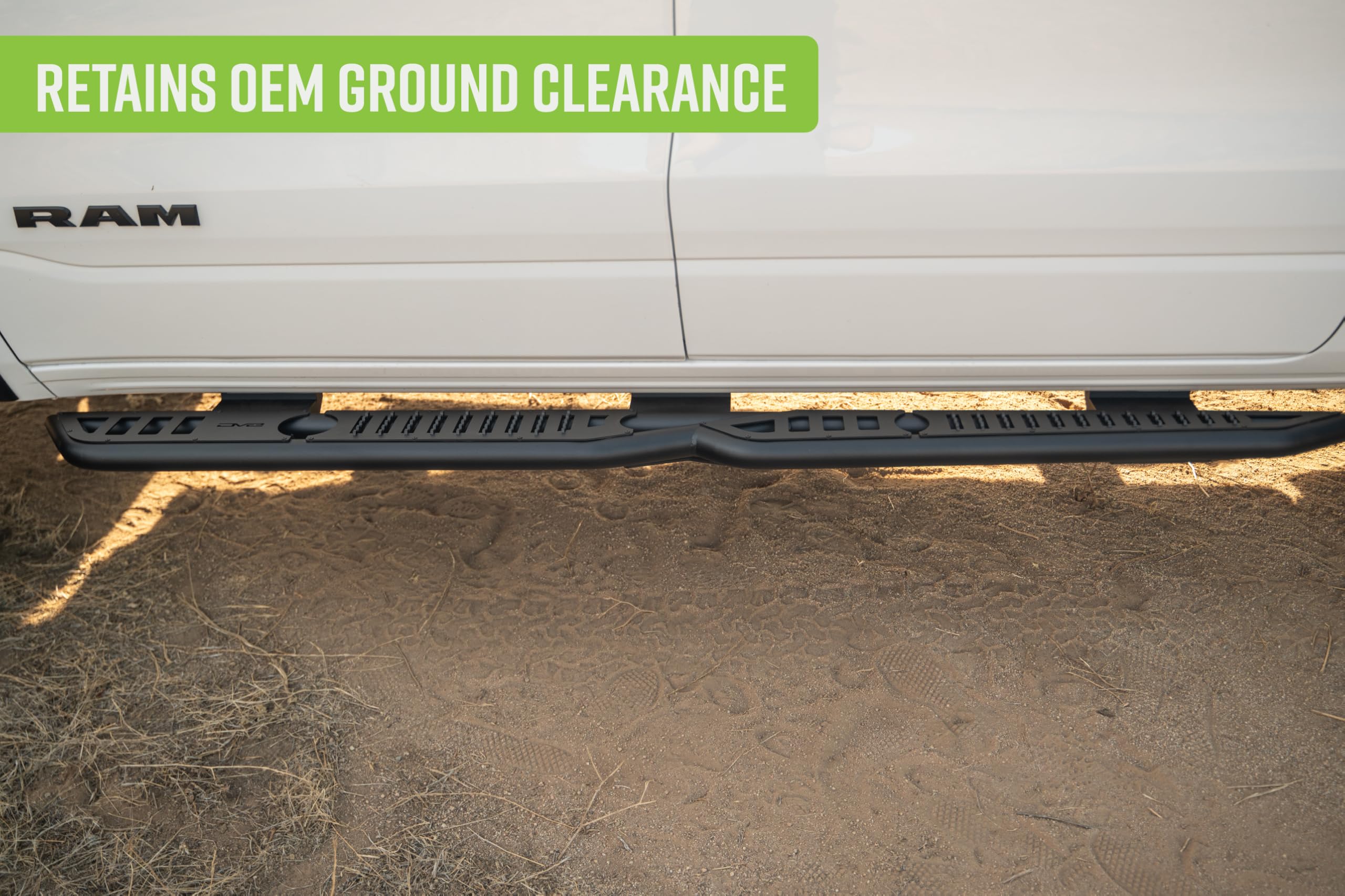 OE Plus DV8 Offroad Side Steps for 2019-2024 RAM 1500 Crew Cab | Anti-Slip Design | Provides Protection from Light Trail Debris | Mounts to Body/Pinch Weld | Retains OEM Ground Clearance | Steel