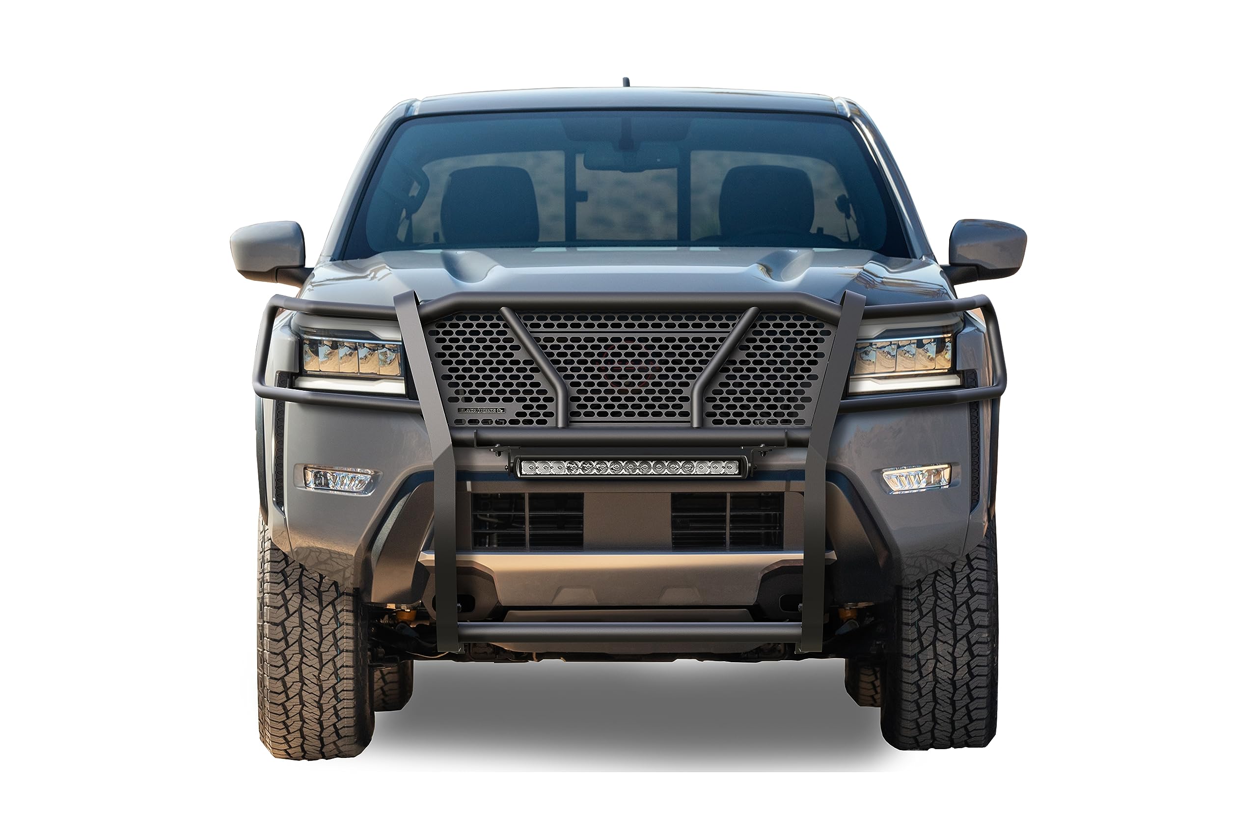 Heavy Duty Black Horse Rugged Grille Brush Bumper Guard Modular Black Come with Single Row LED Light Compatible with 2022-2024 Nissan Frontier-RU-NIFR22-B-K2