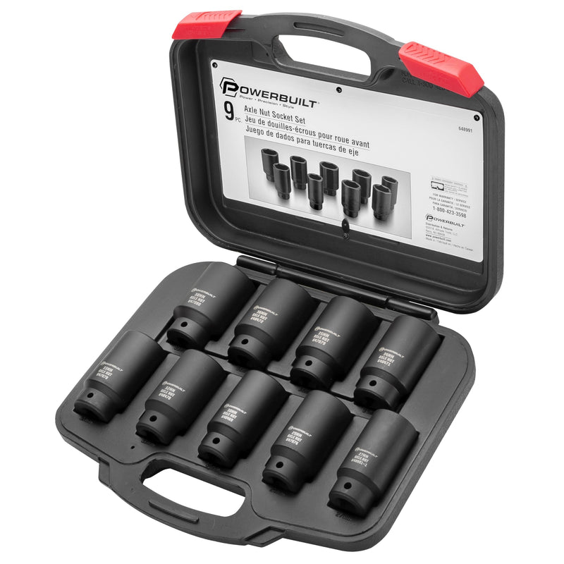 9 Piece Powerbuilt Deluxe Axle Nut Socket Set, Tools for Removing Front Wheel Axle Nuts, Foreign Vehicles - 648991