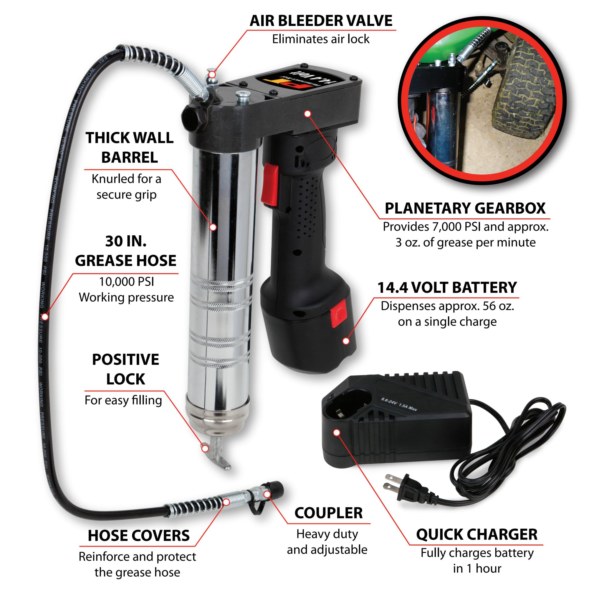 14.4V Performance Tool W50014 Cordless Grease Gun with 7000psi, 30in Hose and Heavy Duty Coupler for Easy Lubrication