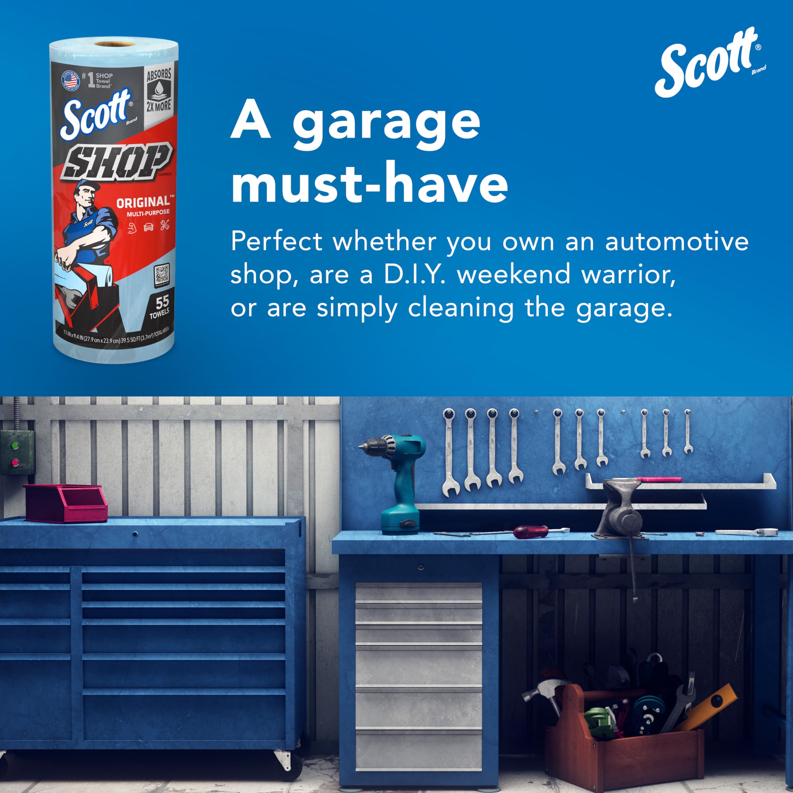 Scott Original Shop Blue Towels (75130), 9.4"x11" Cloth-like Paper Towel (30 Rolls of 55 Sheets, 1,650 Sheet Total)