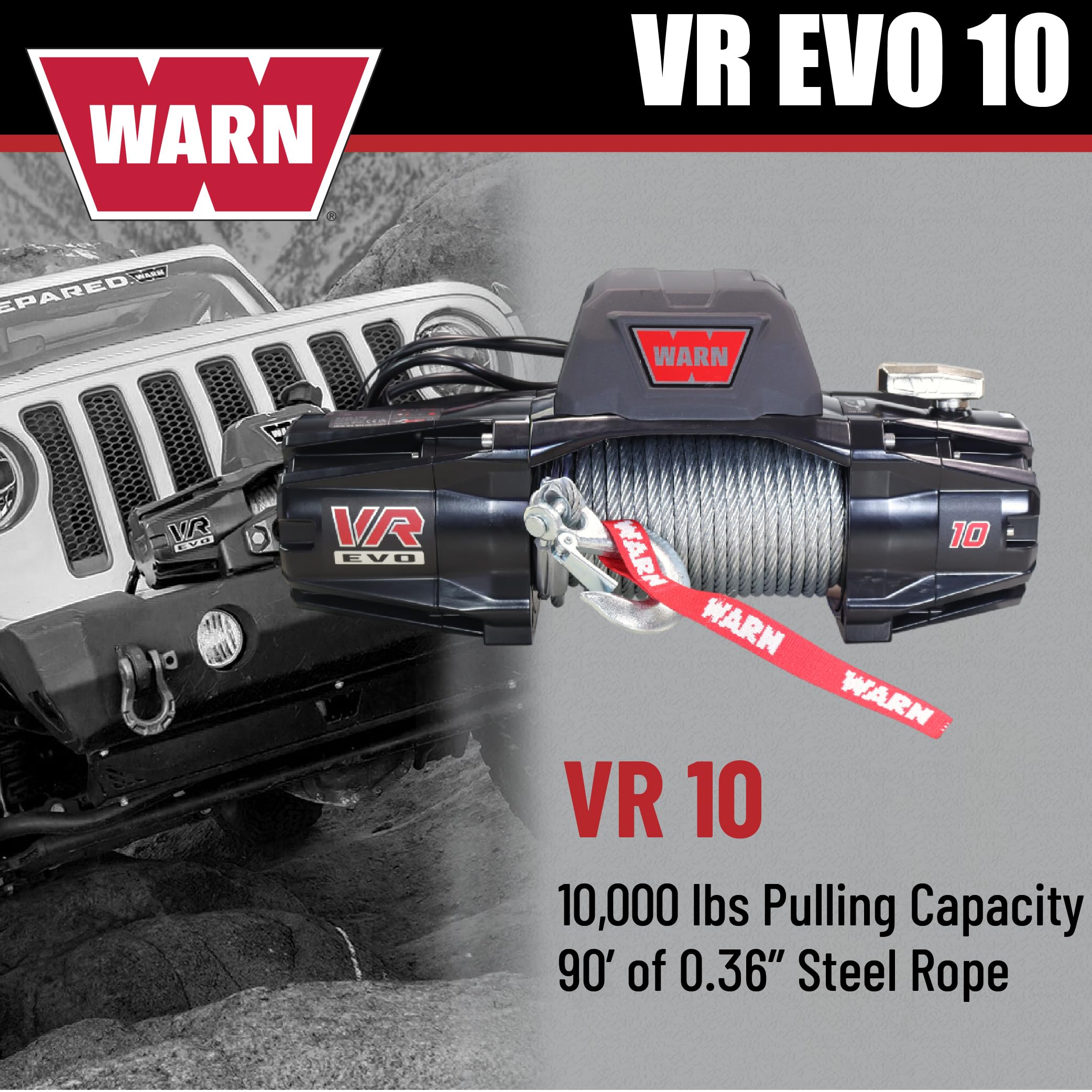 10 WARN VR EVO Standard Duty Electric Winch for Pickups, 1/2-ton, Jeeps, and Larger SUVs, 12V DC, 10,000 lb Line Pull, 90 ft Steel Cable with Roller Fairlead, Relocatable Control Pack.