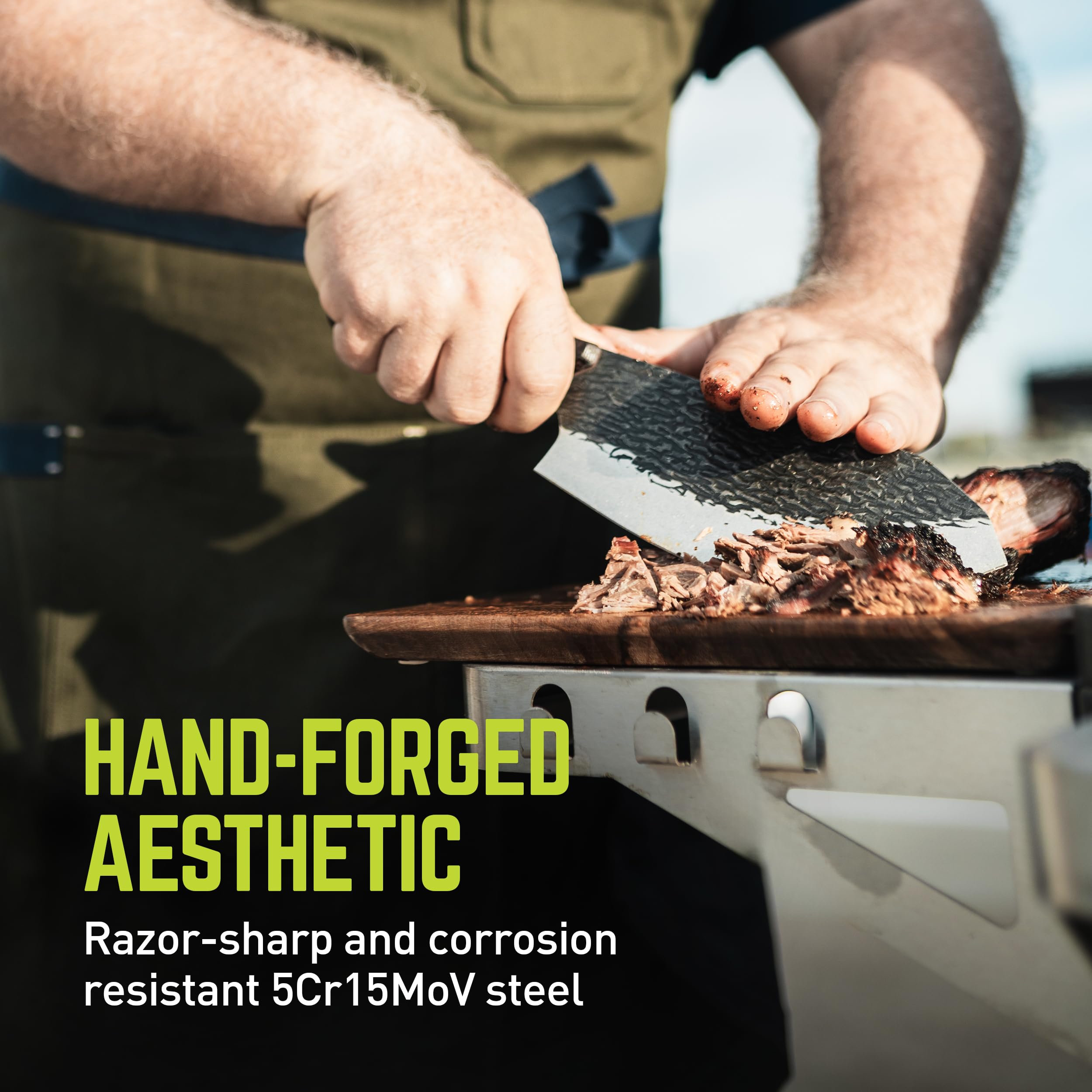 PrimalForge TRUE Butcher Knife | Chop & Mince Aromatics Herbs & Meat, Home & Professional Use, Sharp 5Cr15MoV Stainless Steel Blade, Wood Handle, Water-Resistant, Hand Forged Appearance