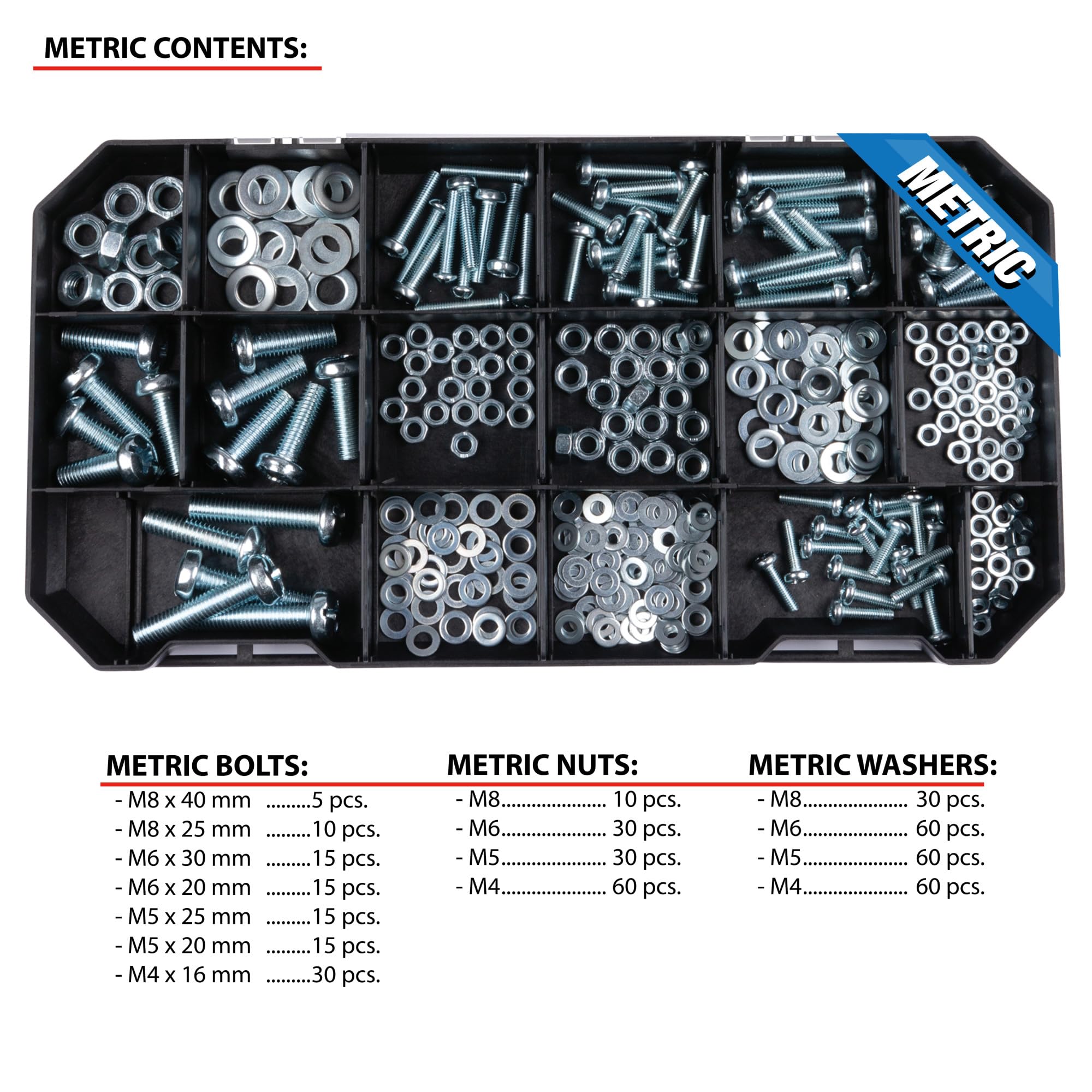 W5263 Performance Tool 1080pc Hardware Assortment Kit with SEA & Metric Nuts, Bolts & Washers, Stacking Interlocking Clear Lid Bins for Maximum Portability