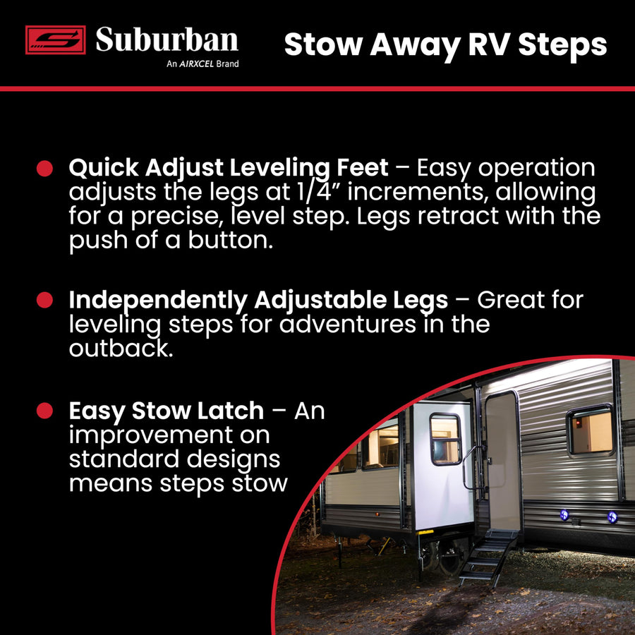 4-Step Narrow Adjustable RV Entry Stairs - Suburban RV Stow Away Steps, Secure and Convenient Stow Away Steps for Easy Access to Your RV; Lightweight and Durable Design with Safety in Mind (4105A)