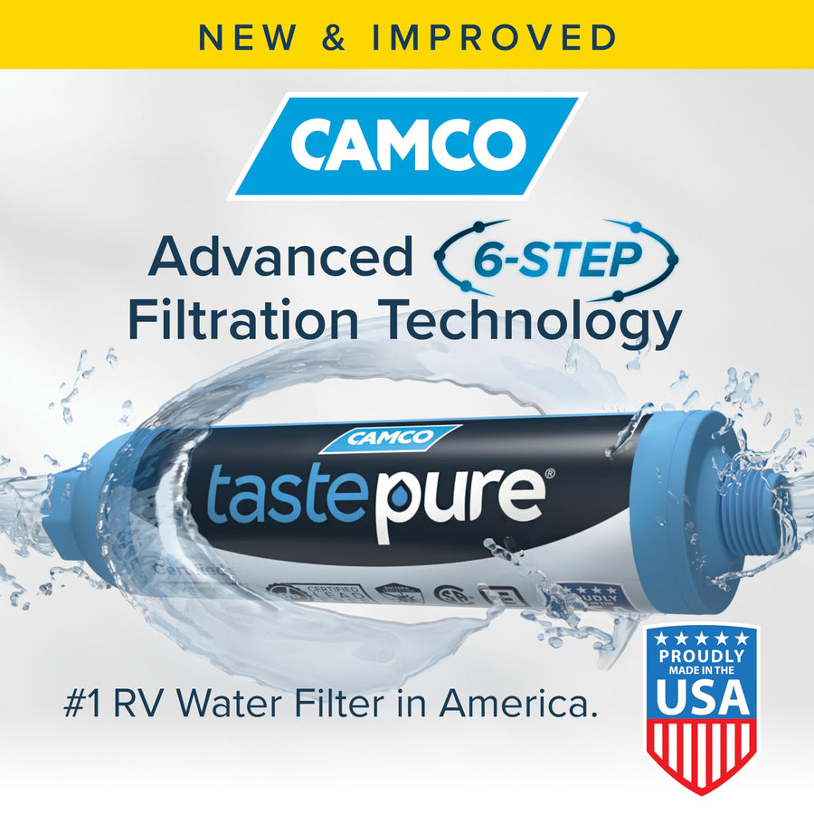 Camco RV Water Filter Tastepure - Advanced Inline Water Filter with Flexible Hose Protector - GAC & KDF Filtration - Made in USA - Camping Essentials for Fresh Drinking Water (40043)