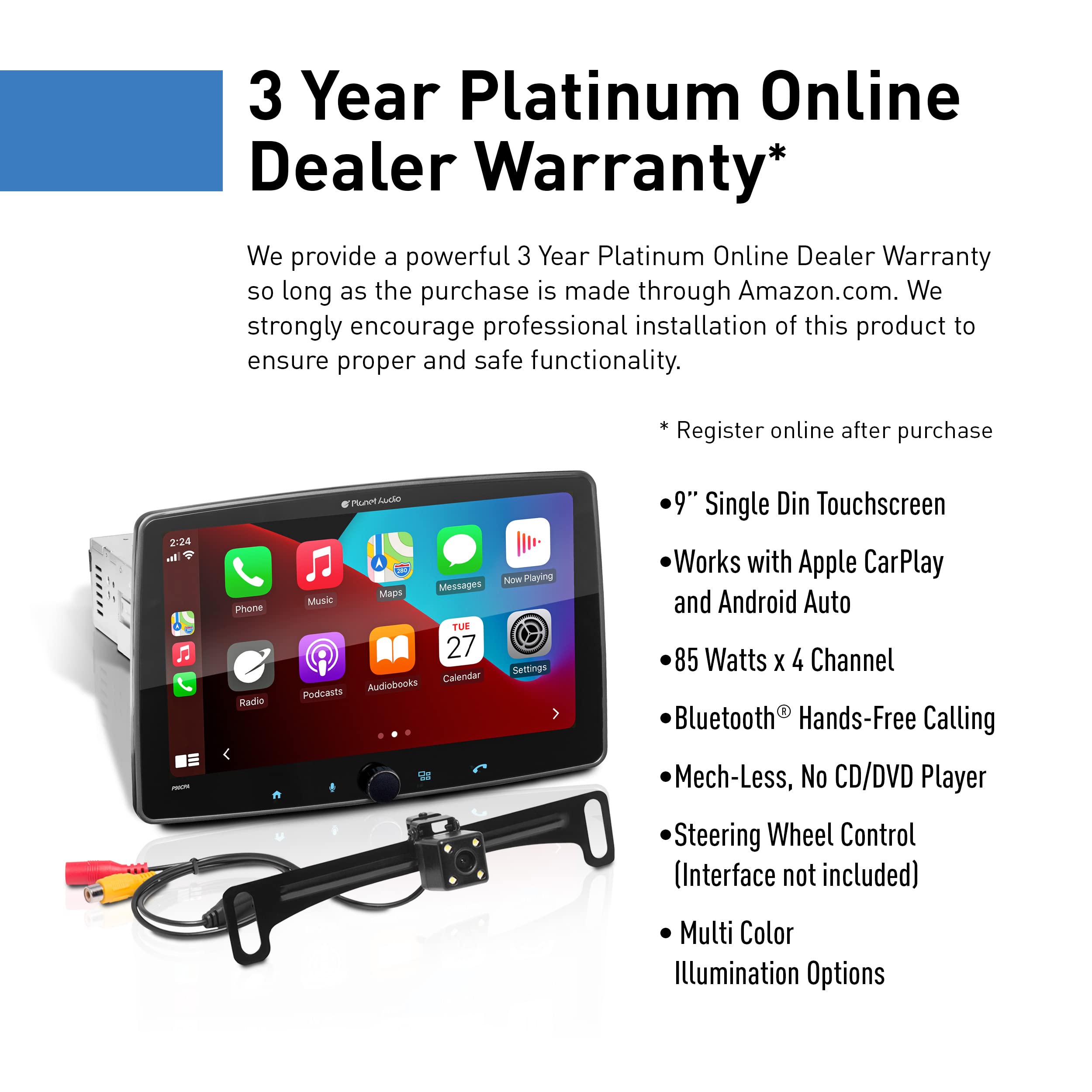Apple CarPlay Planet Audio P90CPAC Android Auto Car Receiver - Single Din with 9 Inch Capacitive Touchscreen, Rear Camera Included, Bluetooth, No DVD, Multicolor Illumination