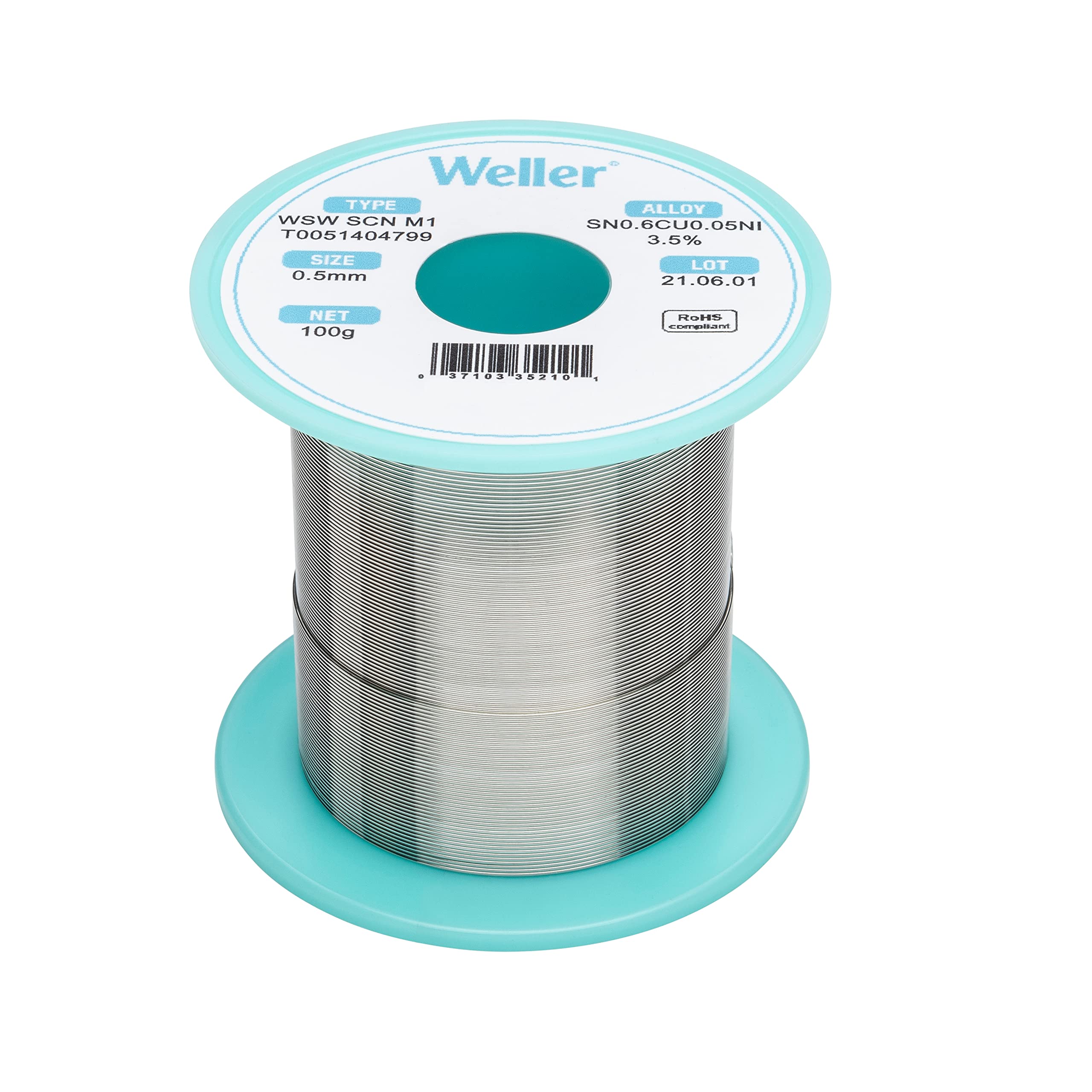 Weller SCN WSW M1 (T0051404799) Solder Wire, Dia: 0.5 mm / 0.020 in, Wt: 100 g / 3.527 oz, Alloy Sn99.3Cu0.6Ni0.05, Flux content 3.5%