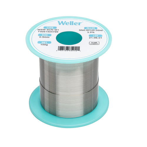 Weller SCN WSW M1 (T0051404799) Solder Wire, Dia: 0.5 mm / 0.020 in, Wt: 100 g / 3.527 oz, Alloy Sn99.3Cu0.6Ni0.05, Flux content 3.5%