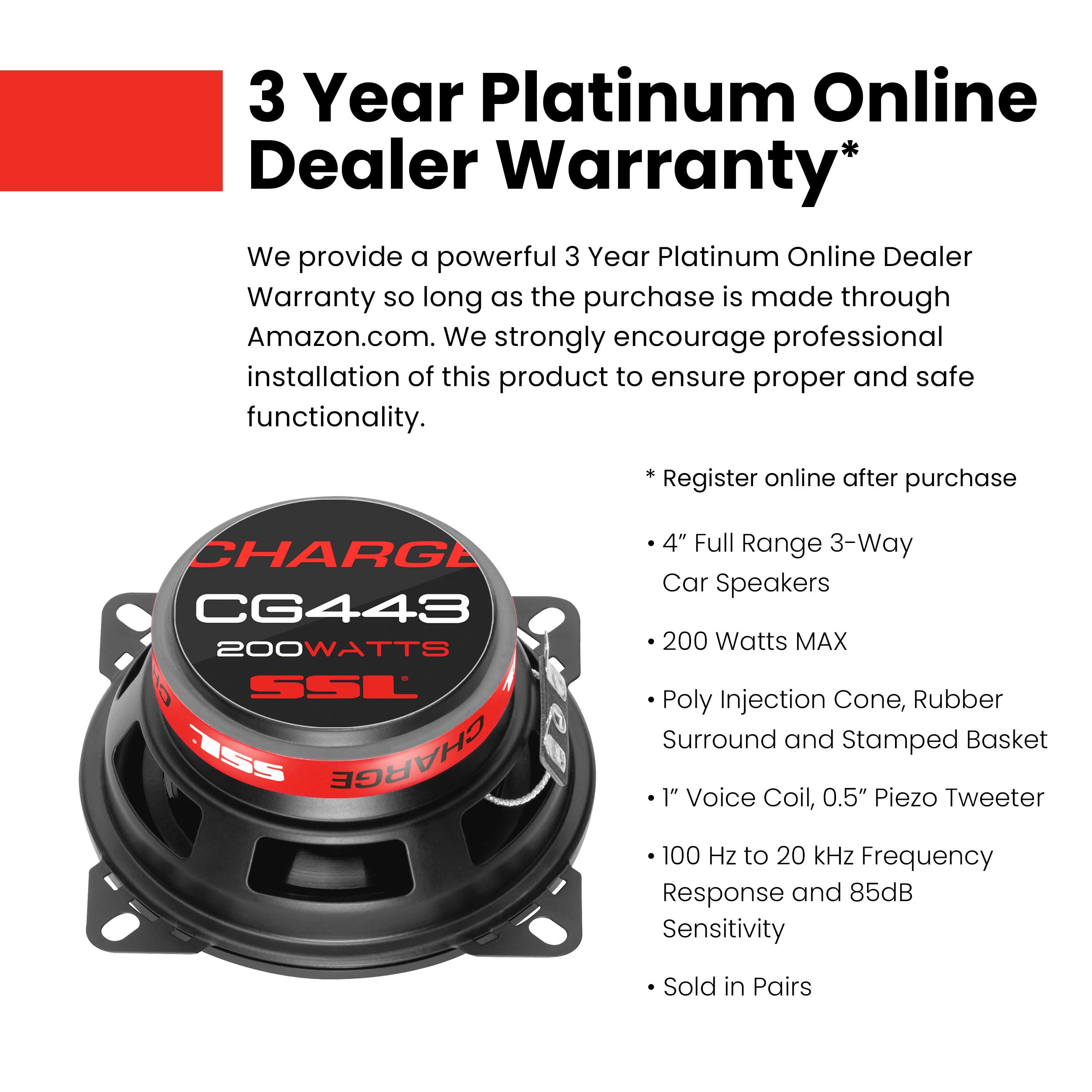 Sound Storm Laboratories Charge Series CG443 4 Inch Car Stereo Door Speakers - 200 Watts Max, 3 Way, Full Range Audio, Tweeters, Coaxial, Sold in Pairs