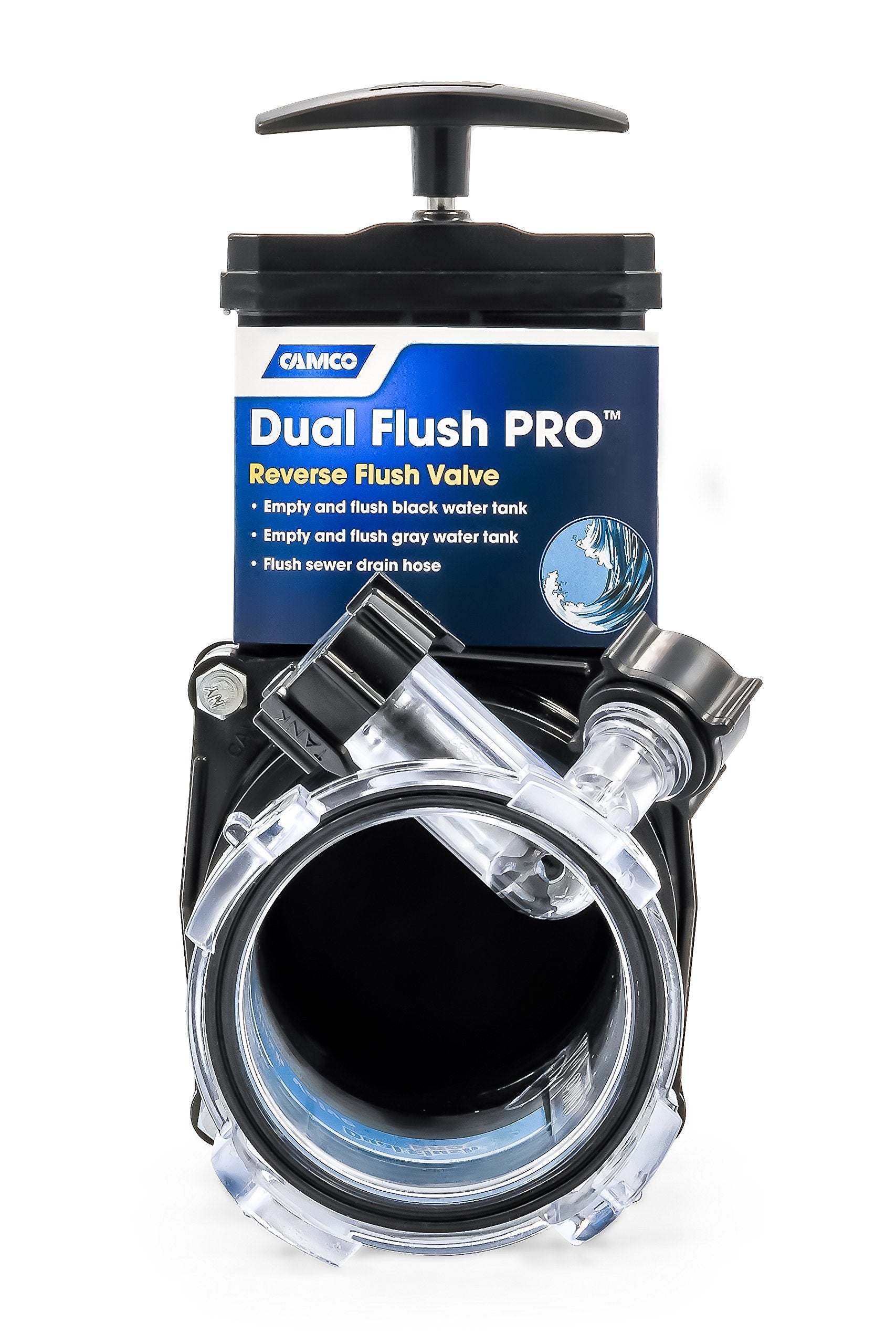 Camco Dual Flush Pro Holding Tank Rinser/RV Camper - Features 3-Inch Gate Valve & Reverse Flush Valve - Empties & Flushes RV Black Water Tanks and RV Sewer Hose (39062)