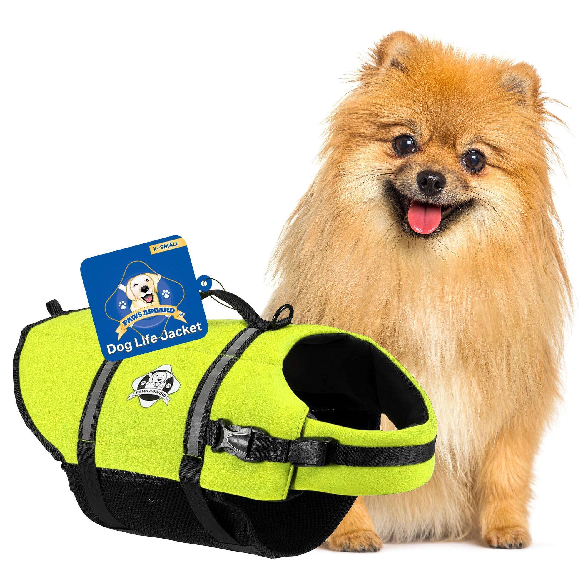 Dog Life Jacket Paws Aboard - Swimming Vest for Dogs, Adjustable, Reflective, Comfortable, Multiple Colors, Patterns, XX-Small to Extra Large Dog Swim Vest with Handle (Neon Yellow, X-Small)