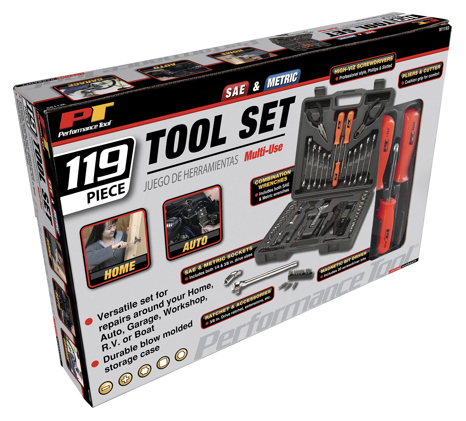 Multi-Use Tool Set Performance Tool W1193 SAE/Metric, General Household Hand Tools, Auto Repair Tool Set, with Plastic Toolbox Storage Case, Gray, 119-Pieces