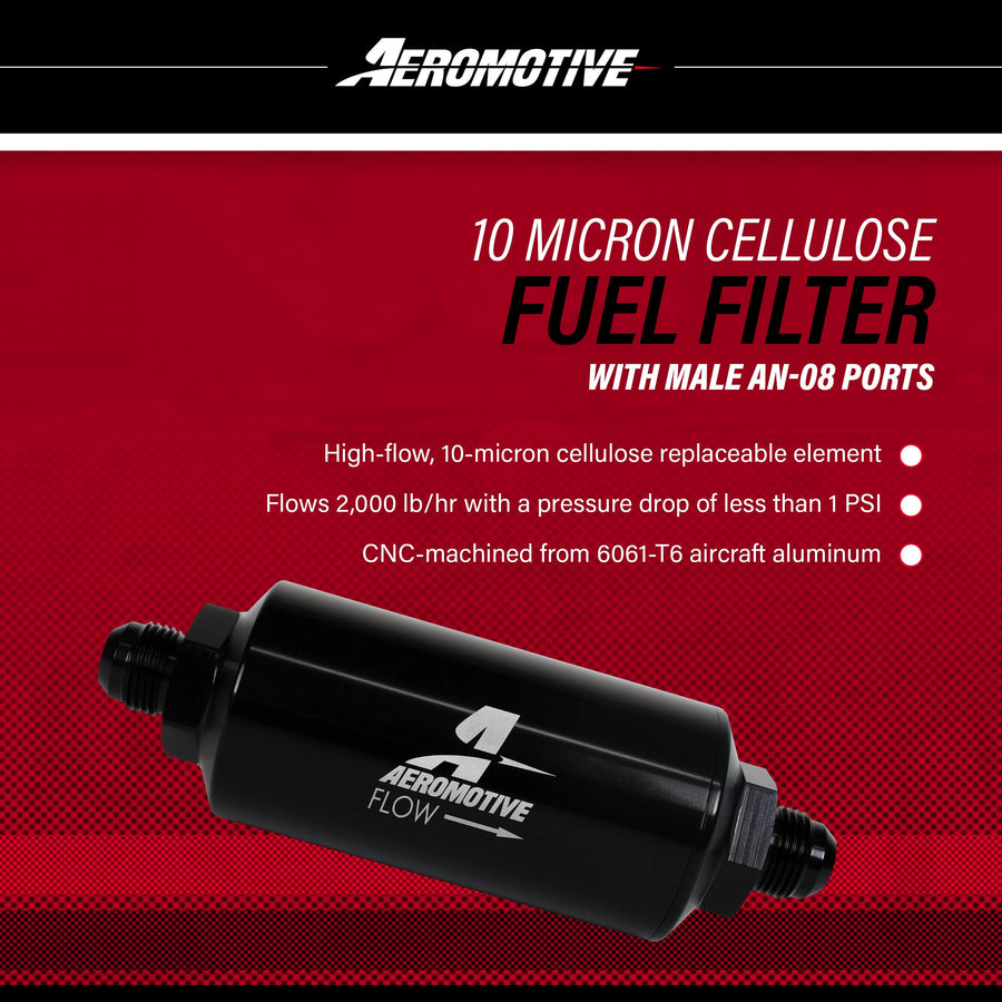 Inline Fuel Filter Element Aeromotive 12377, 10-Micron Rating, Cellulose Media, Male AN-08 Port