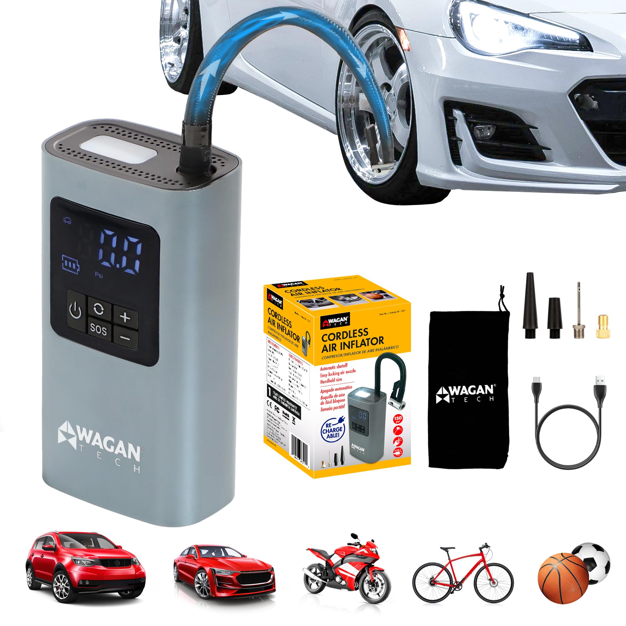 Wagan Cordless EL7317 Air Tire Inflator, 150PSI Portable Air Pump with Auto Shut-Off LED Light Handheld Air Compressor for Car, Bicycle, Motorcycle, Ball