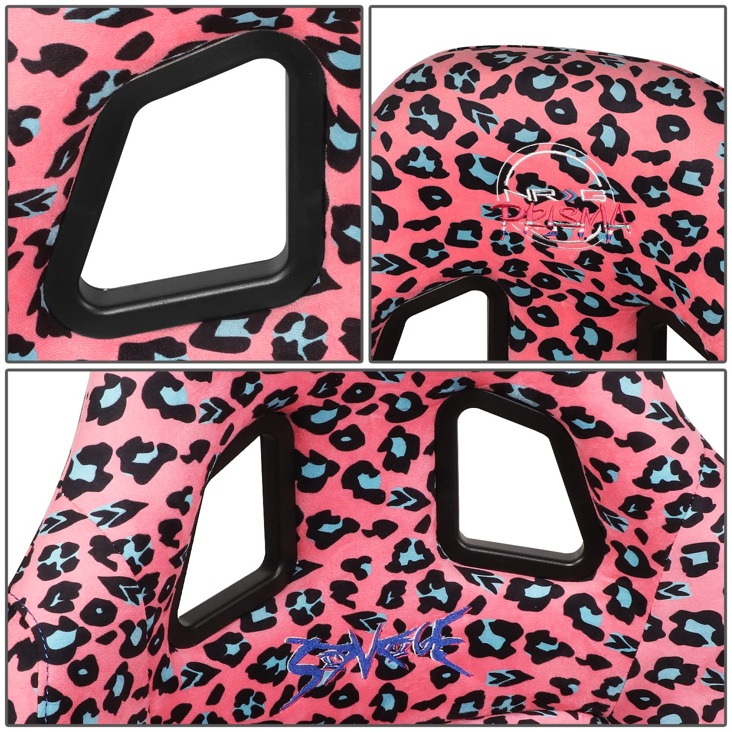 NRG Innovations Prisma FRP-303-PK-SAVAGE Fixed Back Bucket Racing Seat with Bottom Mount Bracket,Pink Savage Cheetah/White Pearl Back