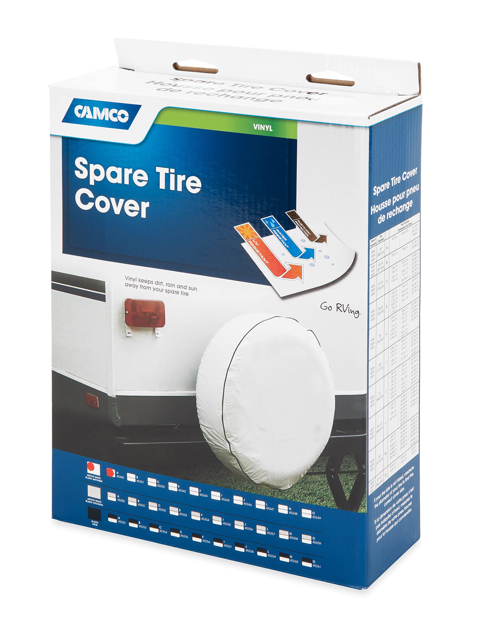 Camco Spare Tire Cover/RV Camper | Features Arctic White Vinyl & Heavy Duty Nylon Thread for Weatherproof Seams | Fits 34-Inch Diameter Tires & Measures 34.5-Inches in Diameter (45340)