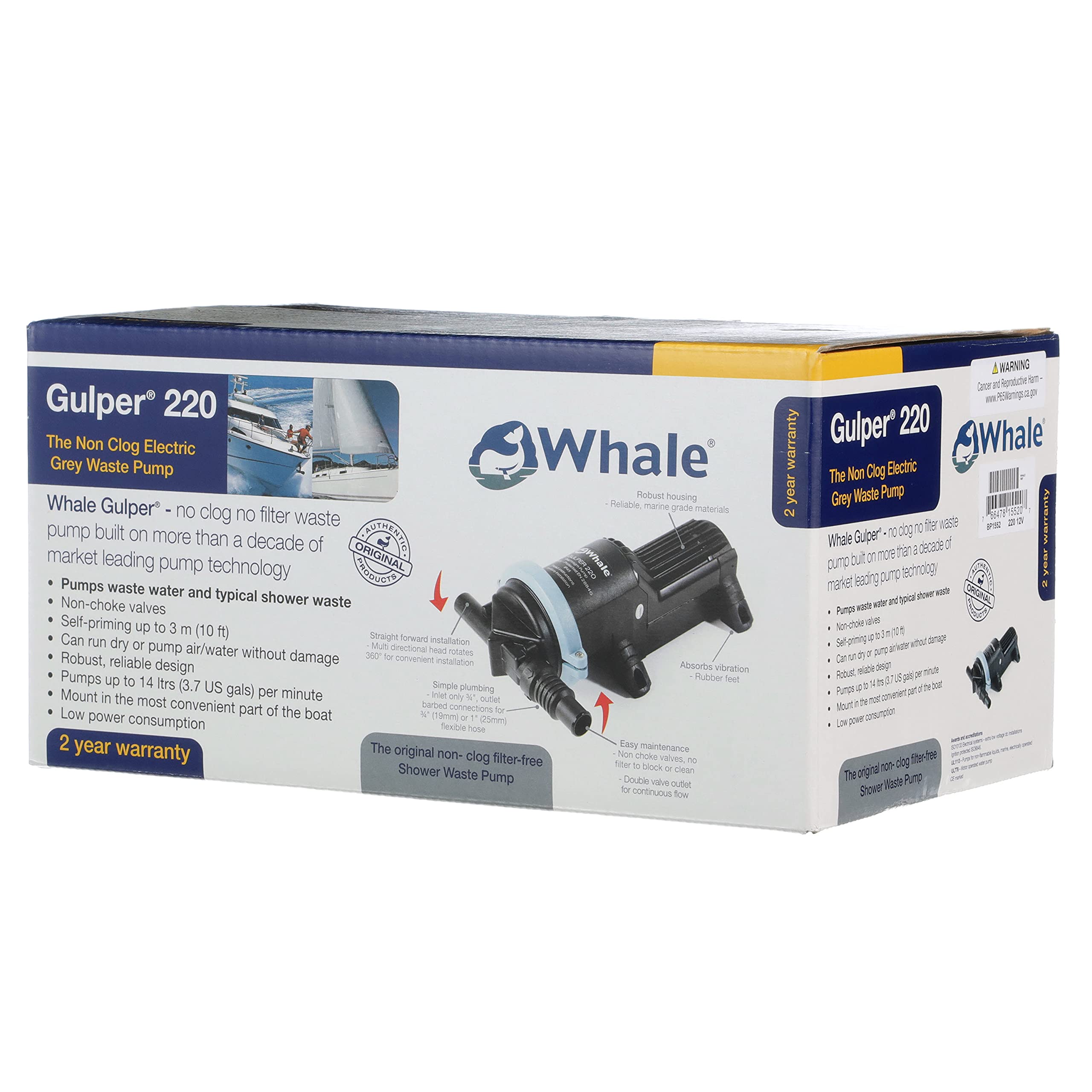 Whale Gulper 220 Pump BP1552, Manages Gray Waste, 3.5 GPM Flow Rate, 12V DC, ¾-Inch Hose Connections, Black