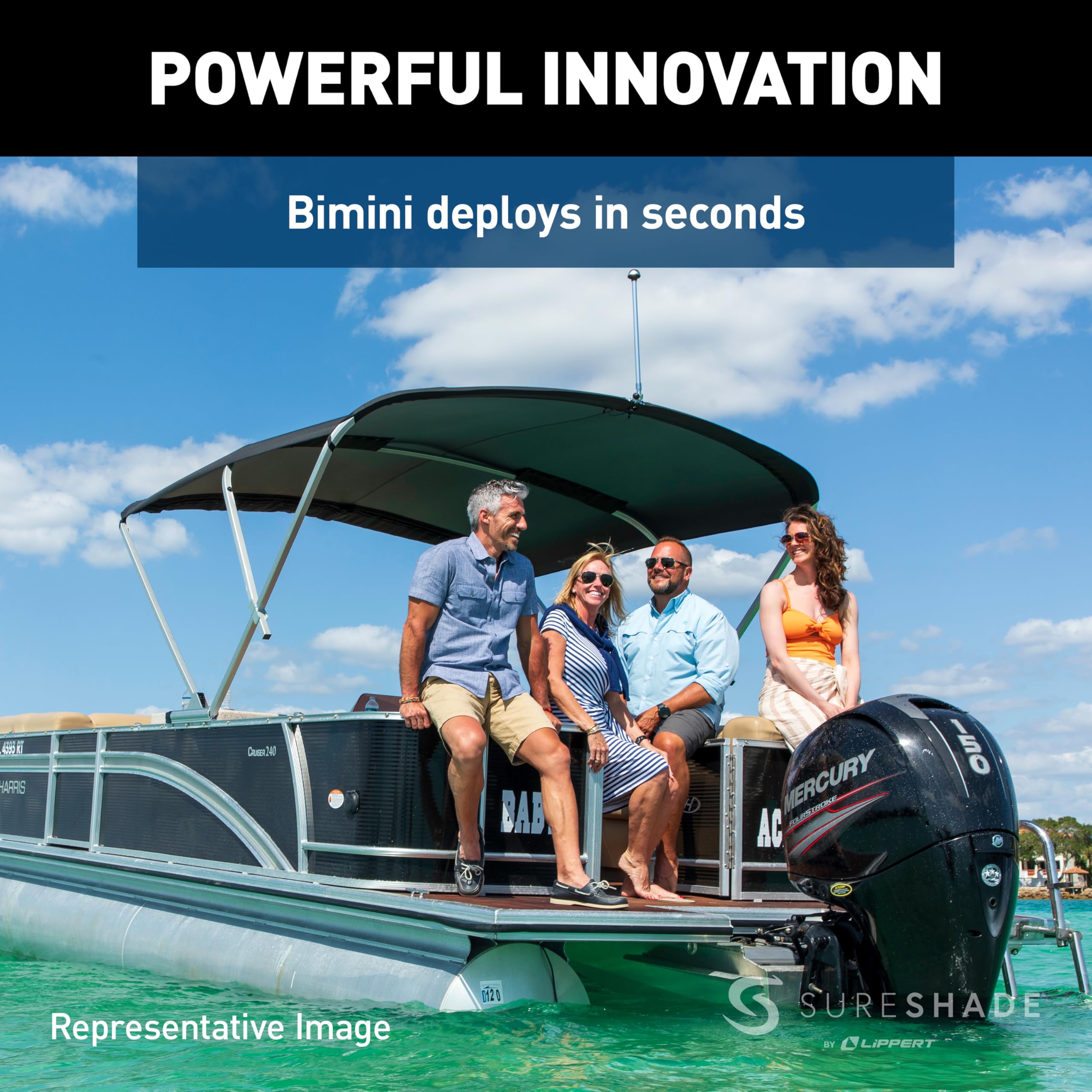 Pontoon Power Bimini Top SureShade fits 92-102" W, Clear Anodized Aluminum Frame, 10' Marine-Grade Canvas, Rail Mounted Controller, Bluetooth® Capability, Quick Connect Install, Beige – 2024050709