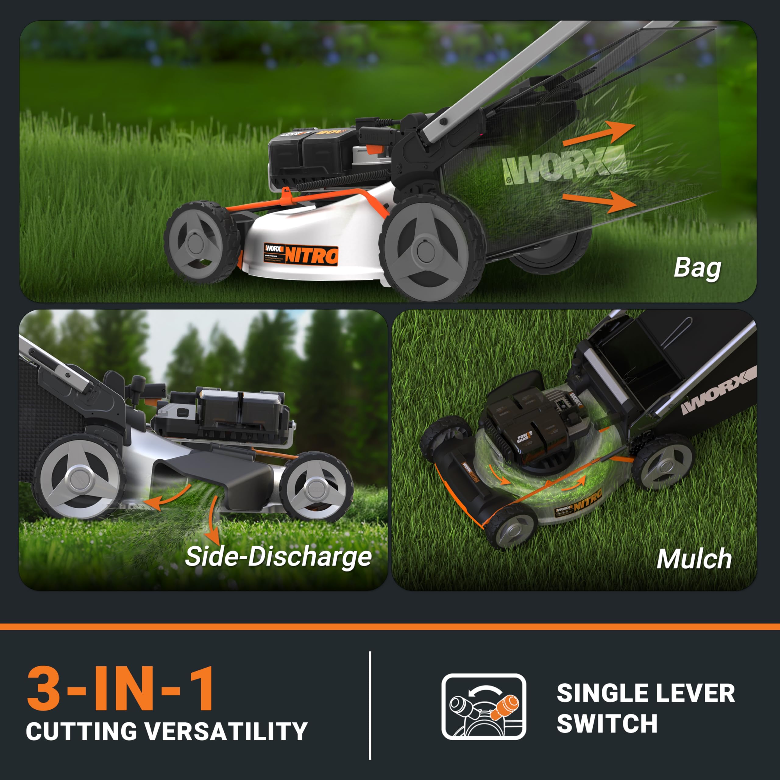 Worx 80V Nitro 21" Cordless Lawn Mower, 3 in 1 Electric Mower with Brushless Motor, Self-Propelled Lawn Mower for 1 Acre, 4 × 5.0 Ah Batteries & Charger Included, WG761