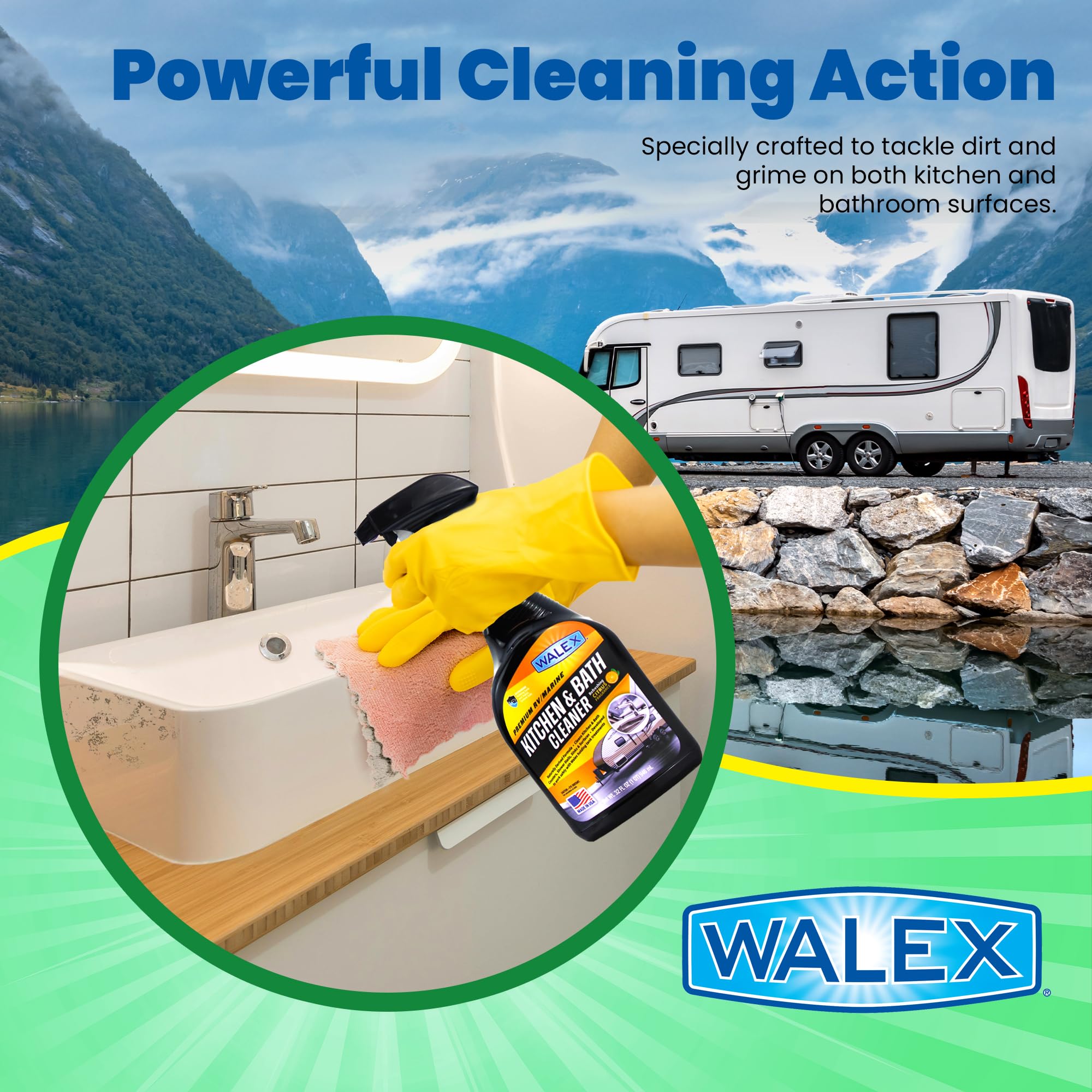 Walex RV/Marine Premium Kitchen & Bath Cleaner - Cleans Counters, Sinks, and Surfaces, Naturally Derived Formula, Refreshing Citrus Fragrance, Ideal for RV, Boat, & Camper Use, Septic Safe, 32 oz