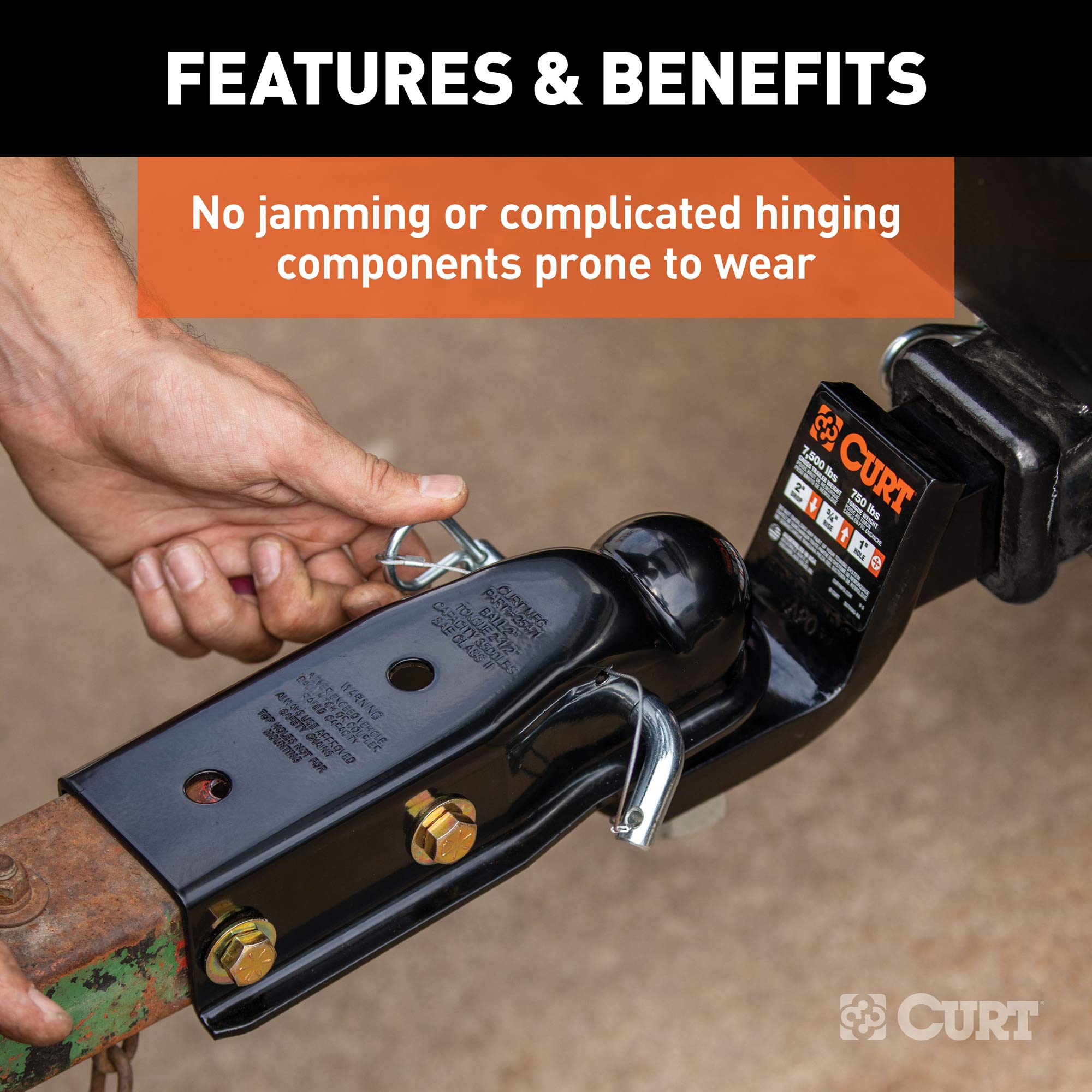 QuickPin CURT 25471 No-Latch Trailer Coupler for 2-Inch Hitch Ball, 2-1/2-In Channel, 3,500 lbs