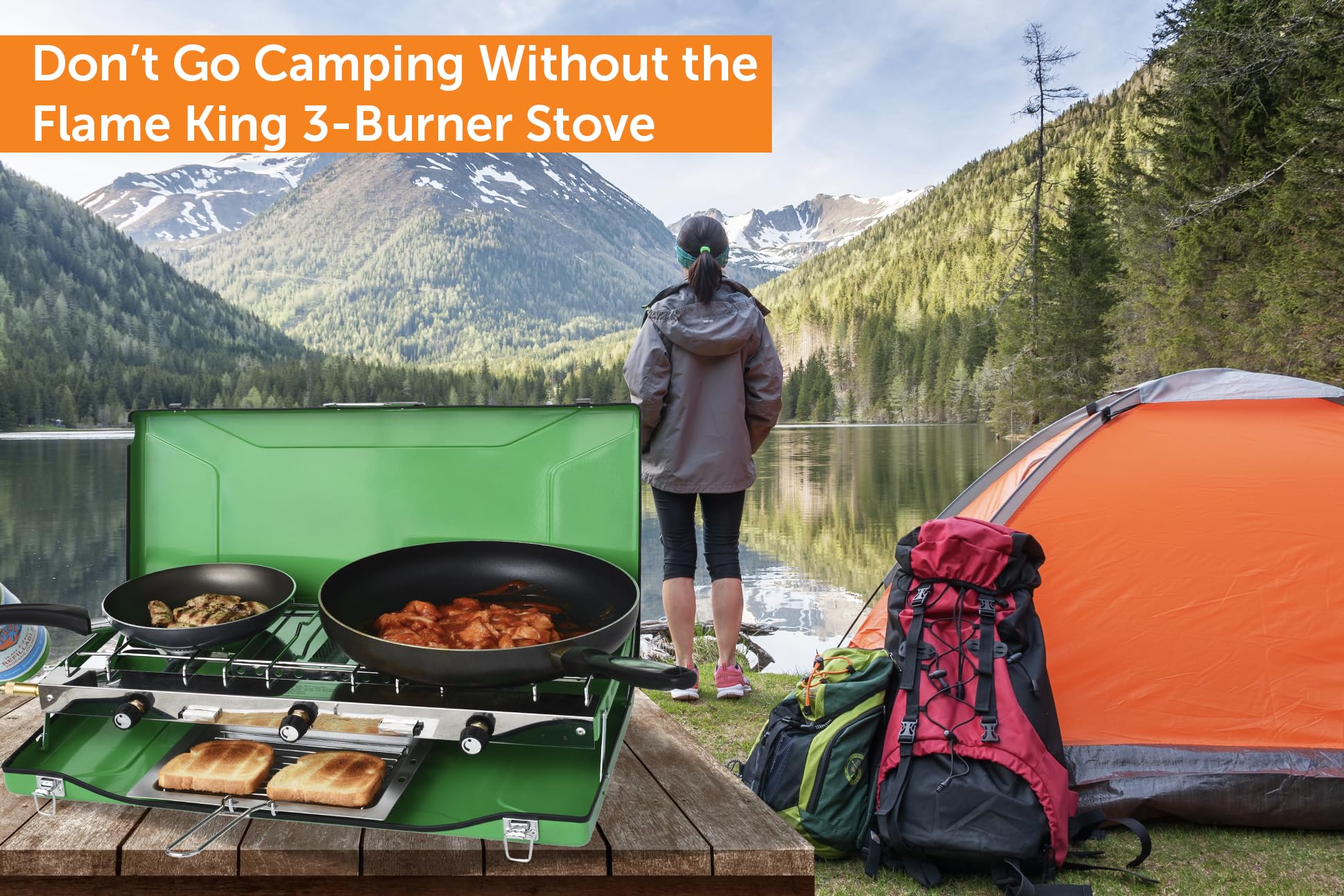 Flame King 3-Burner YSNBBQ-136M Portable Camping Stove Grill w/Toast Tray, Great for Outdoor Cooking, Backpacking, Compatible with 1LB Propane Gas Bottle