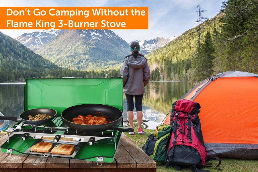 Flame King 3-Burner YSNBBQ-136M Portable Camping Stove Grill w/Toast Tray, Great for Outdoor Cooking, Backpacking, Compatible with 1LB Propane Gas Bottle