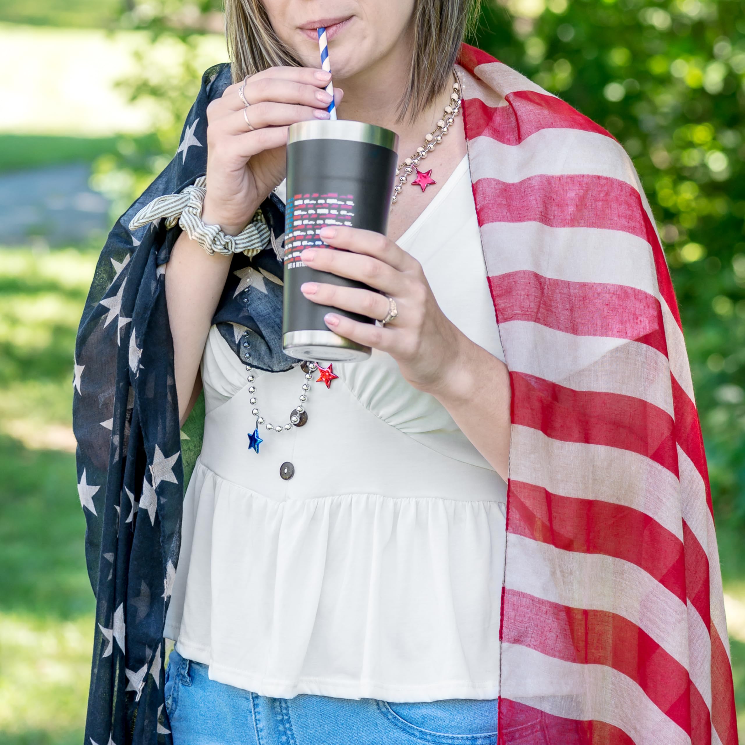 Wrapped Stainless Steel Tumbler Camco Life is Better at The Campsite - Features Double Wall Vacuum Insulation for Heat/Ice Retention & Unique RV USA Flag Design - Holds 20 oz. (53065)