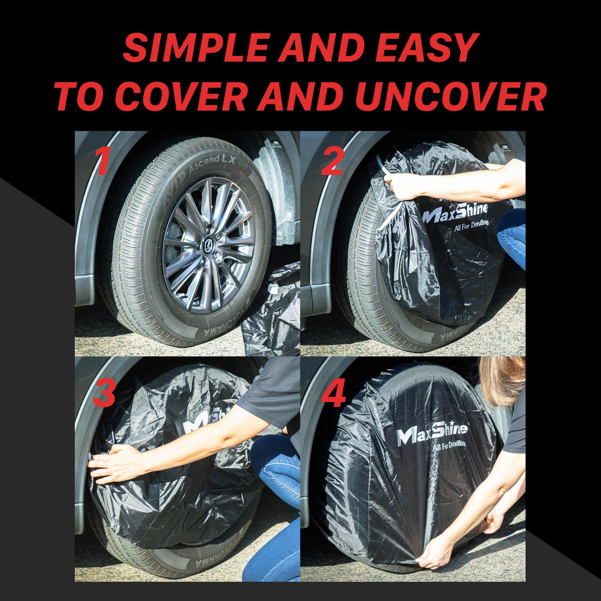 Maxshine Wheel Covers Universal, 4-Pack (Black) | Fits Rims Up to 22” Diameter | Protective Wheel & Tire Covers for Cars, Trucks, SUVs, RVs, Trailers | Auto Detailing Accessories for Storage