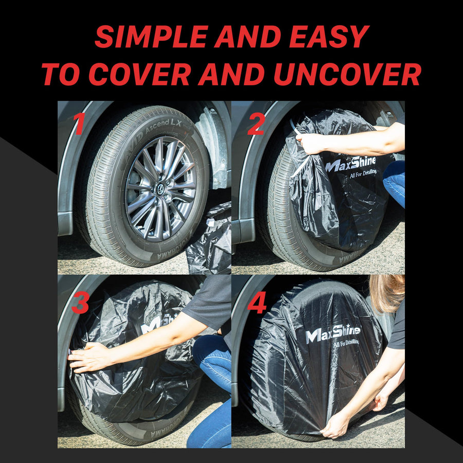 Maxshine Wheel Covers Universal, 4-Pack (Black) | Fits Rims Up to 22” Diameter | Protective Wheel & Tire Covers for Cars, Trucks, SUVs, RVs, Trailers | Auto Detailing Accessories for Storage
