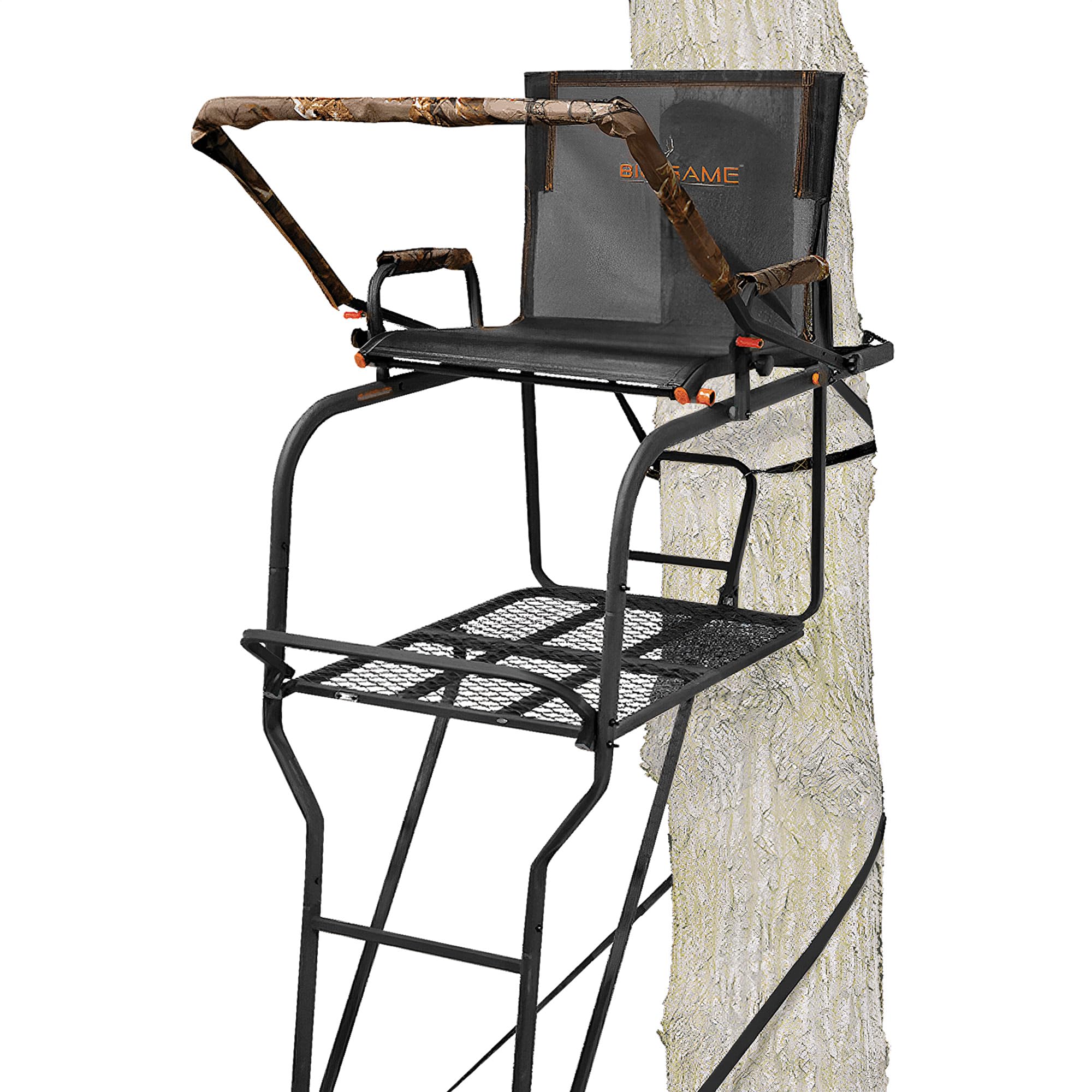 1-Person BIG GAME Ladder Tree Stand for Hunting Deer with Seat, Hunter, 18' Tall, Black - Adjustable Climbing Treestand with Platform and Safety Harness for Shooting