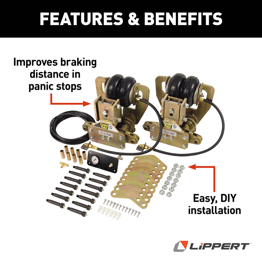 Lippert Air-Ride Center Point RV Suspension System with Tandem Axle Configuration for Road Shock/Vibration Absorption and Improved Braking Distance on Travel Trailers - 1565391
