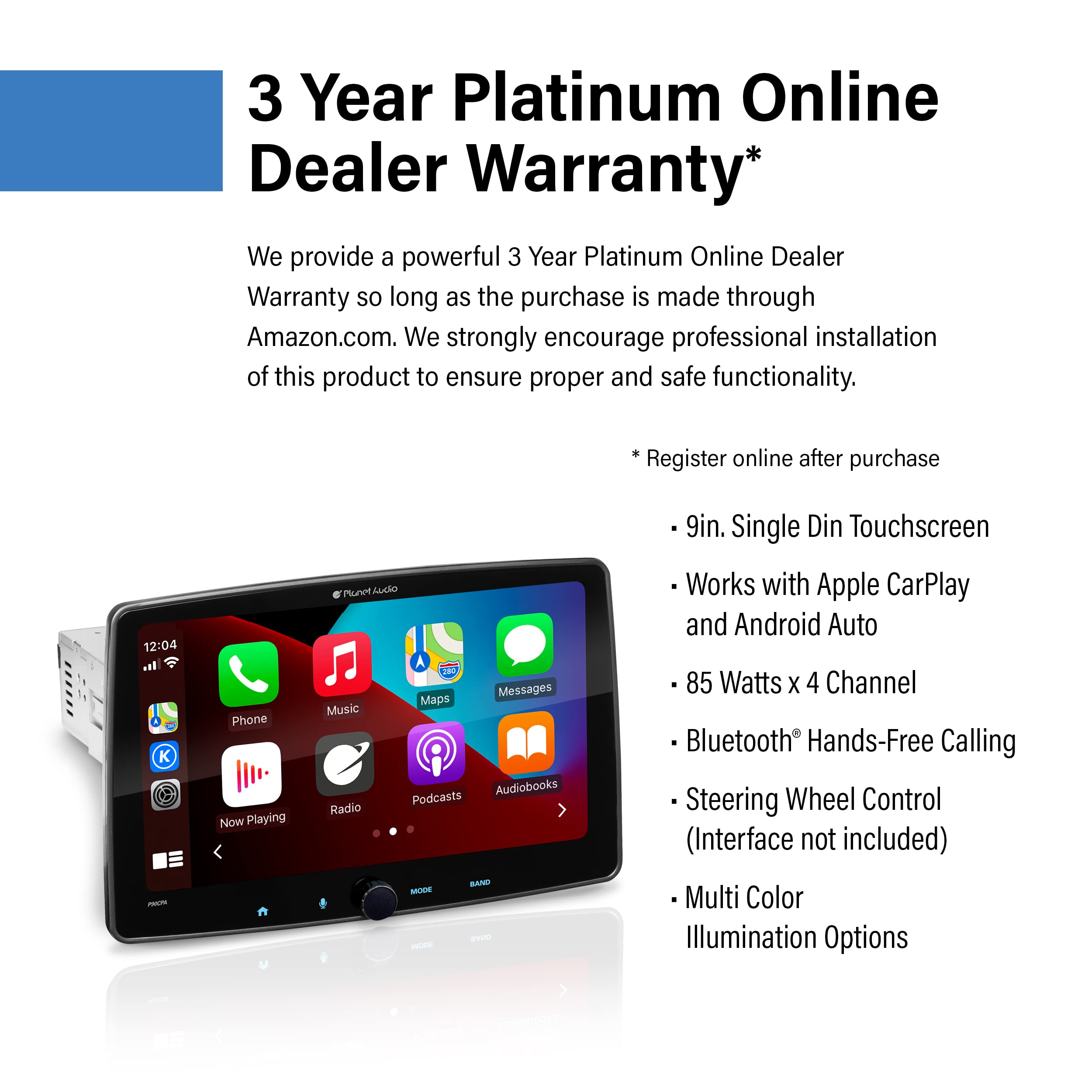 Apple CarPlay Planet Audio P90CPA Android Auto Car Receiver - Single Din Chassis with 9 Inch Capacitive Touchscreen, Bluetooth, USB, No CD DVD, Multicolor Illumination