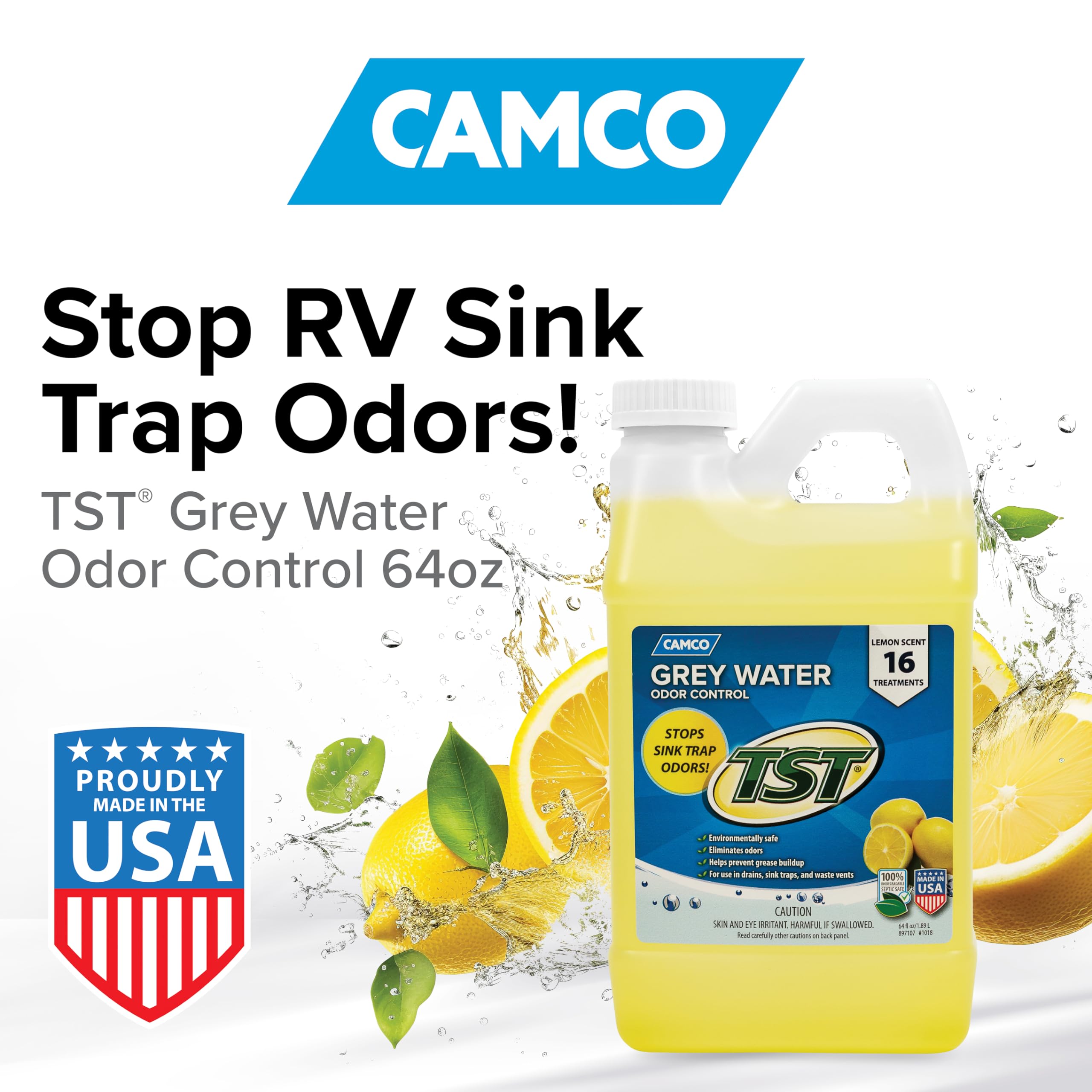 Camco TST Grey Water Odor Control Camper/RV - Removes Grease Buildup in Gray Water Tank, Sink & Shower Drains - 4oz Treats 40-Gal Holding Tank - Safe Septic Tank Treatment - Lemon, 64 oz (40256)