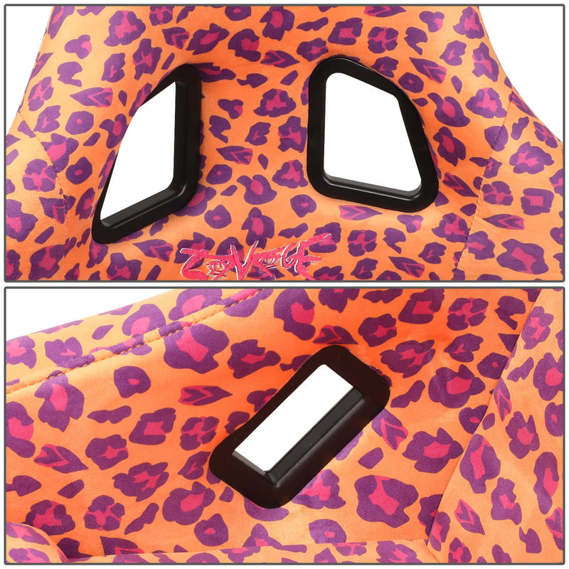 NRG Innovations Prisma Fixed Back Bucket Racing Seat NRG-FRP-303-OR-SAVAGE with Bottom Mount Bracket, Orange Savage Leopard Print Fabric White Pearl Back, 22" W X 34" H X 16" D