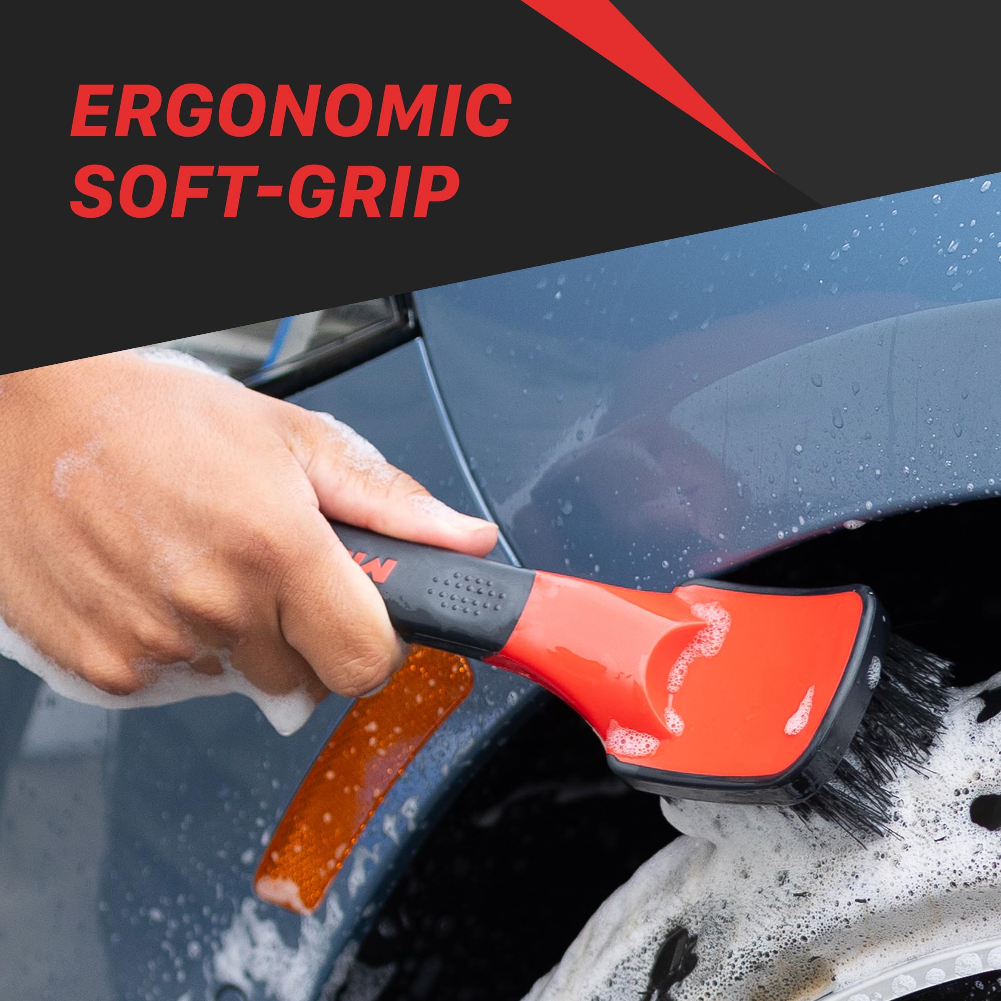 Maxshine Heavy Duty Universal Soft Grip Brush | Ergonomic Short Handle, Anti-Slip Grip, Scratch-Resistant Bumper | Stiff Bristles for Tires, Carpets & Tough Surfaces | Auto, Boat & Marine Detailing