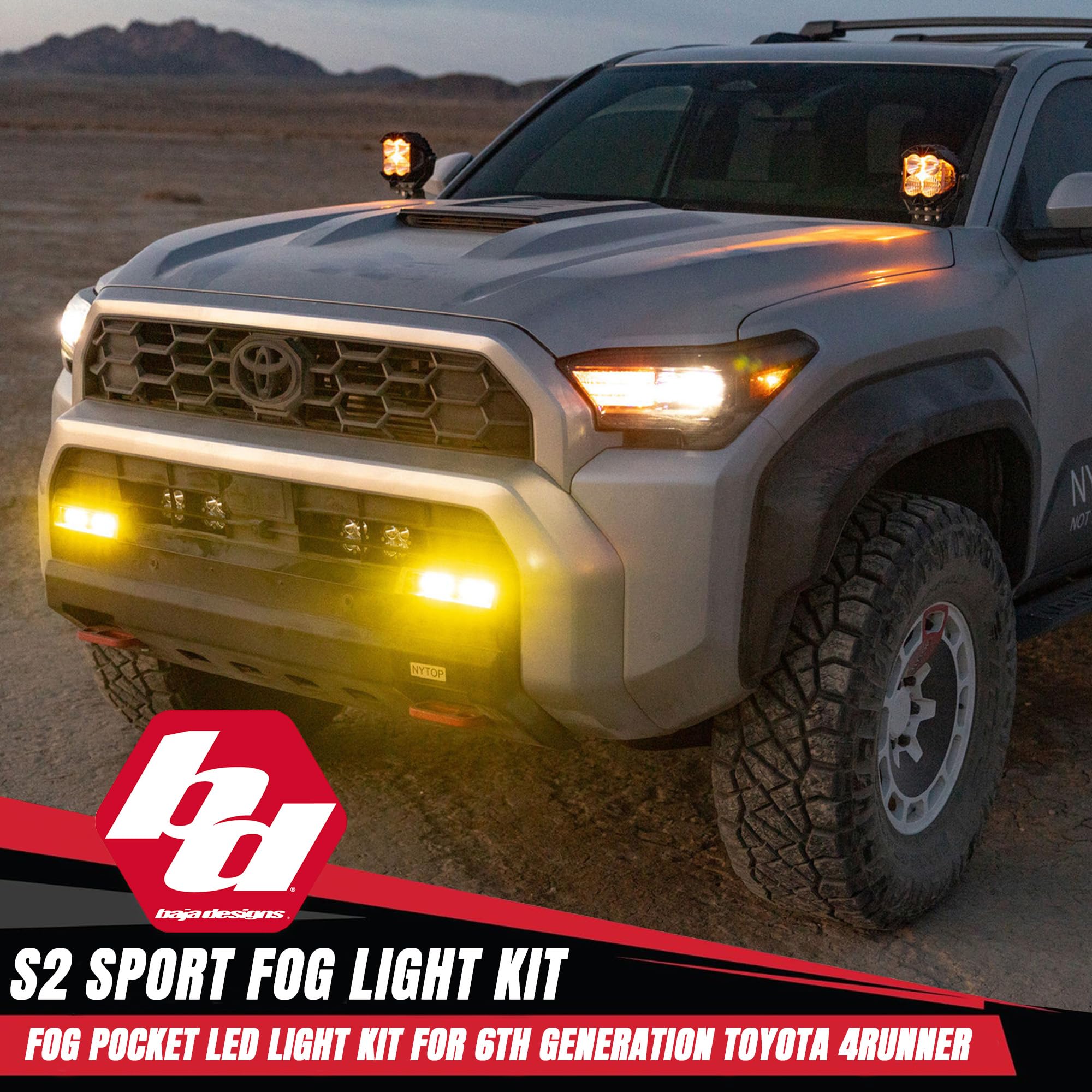 Baja Designs S2 Fog Light Kit Sport LED for Toyota 4Runner 2025+ (Non-TRD Pro) - Street Legal, 4 PCS LED with Mounting Brackets, Adapter Harness - OEM Switch Compatible (Wide Cornering; Clear)