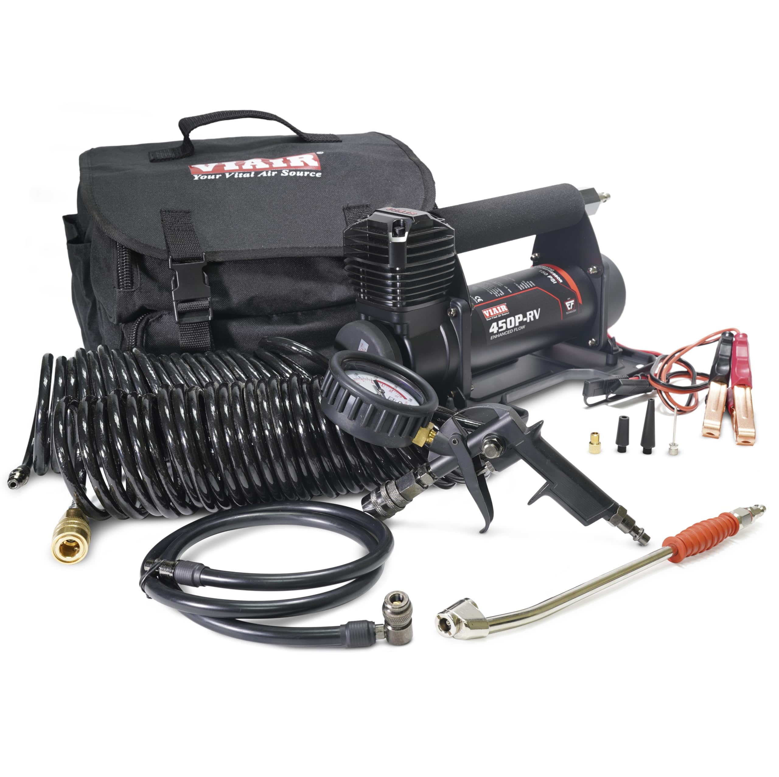 450P-RV EF VIAIR Enhanced Flow - 45157 12V Tire Inflator Portable Air Compressor with RV Inflation Gun, 90 Degree Chuck | 100% Duty Cycle @ 100 PSI, Max Pressure 150 PSI (SAE, Alligator Clips)