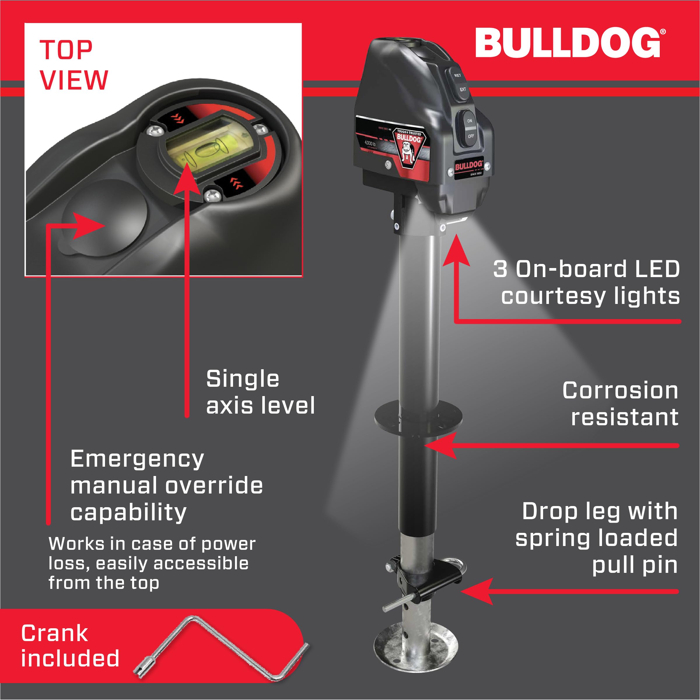 500199 Bulldog Powered Drive A-Frame Electric Trailer Jack for Boat Trailers, 4,000 lbs. Capacity, Power Tongue Jack with Spring Loaded Pull Pin for 22 Inches of Total Travel, 3 Onboard LED Lights