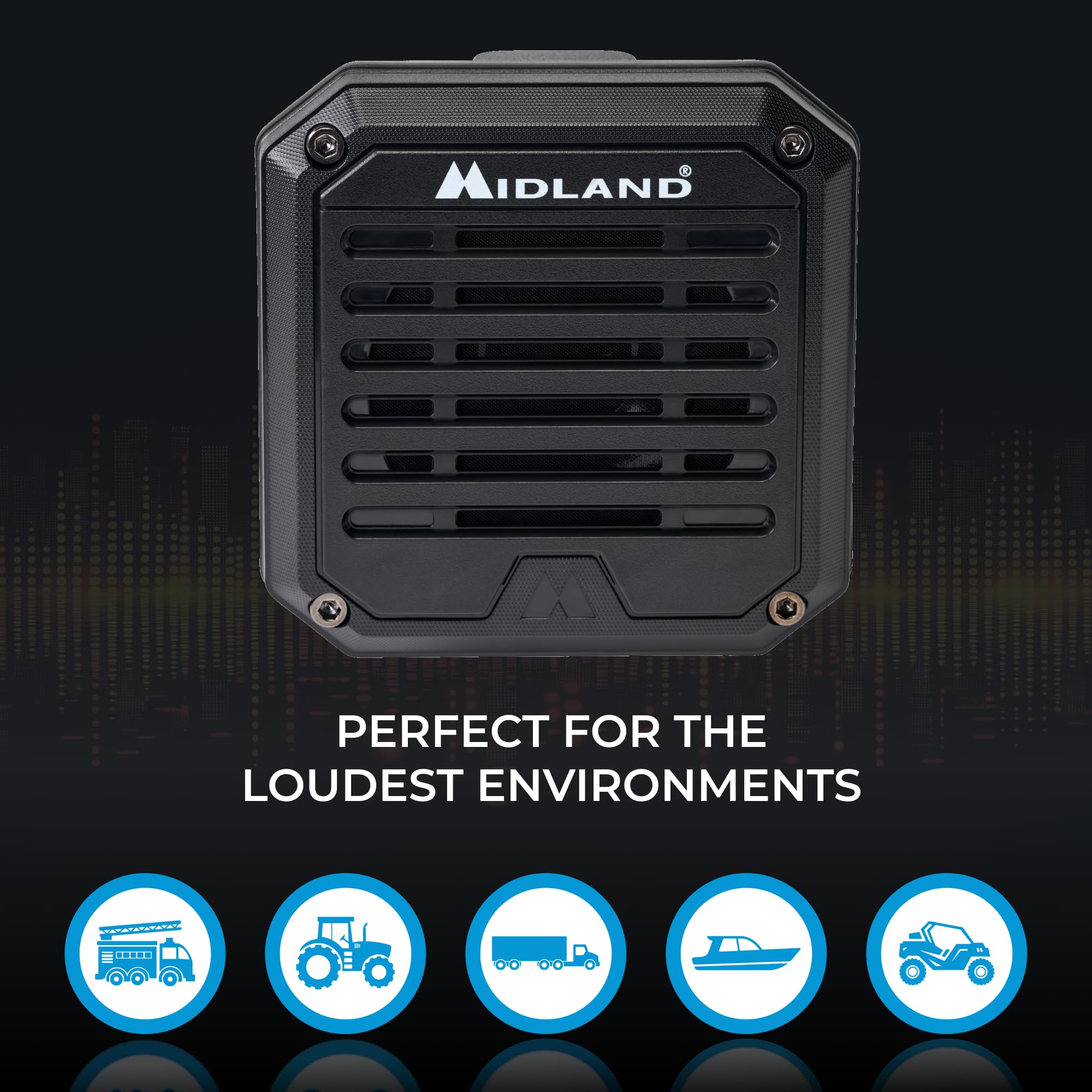 SPK200 Midland- Heavy-Duty 20W Amplified External Speaker - AI Noise Cancellation 180 Degrees Swivel Base for CB and MXT Radios 8-OHM Sound System 3.5mm Audio Plug - Waterproof Design