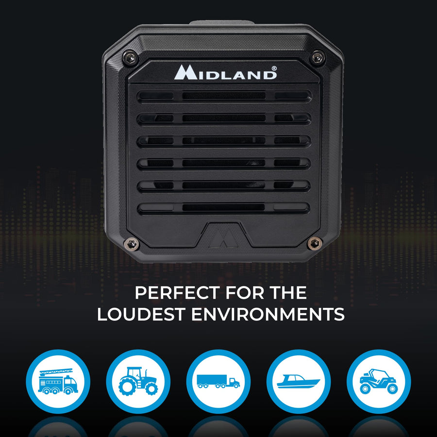 SPK200 Midland- Heavy-Duty 20W Amplified External Speaker - AI Noise Cancellation 180 Degrees Swivel Base for CB and MXT Radios 8-OHM Sound System 3.5mm Audio Plug - Waterproof Design