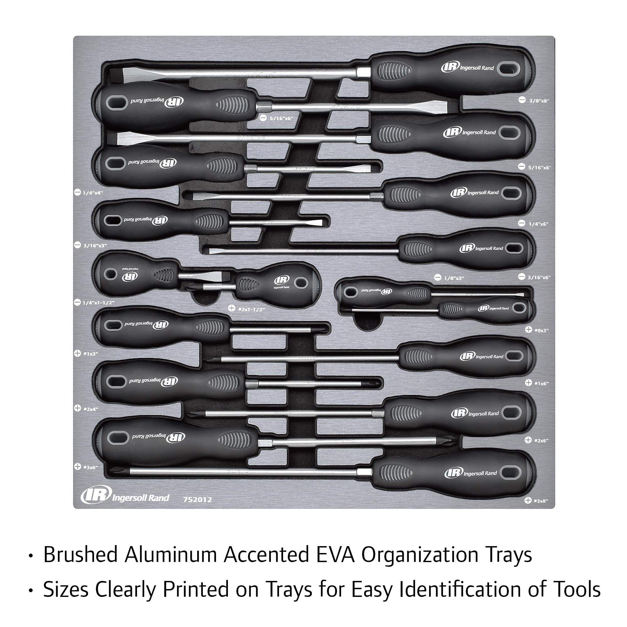 Ingersoll Rand Master 17 Piece Screwdriver Set with EVA Tray, Magnetized Tips, Hex Bolsters, SVCM Alloy Shafts, Soft Grip Handles, Slotted and Phillips - 752012
