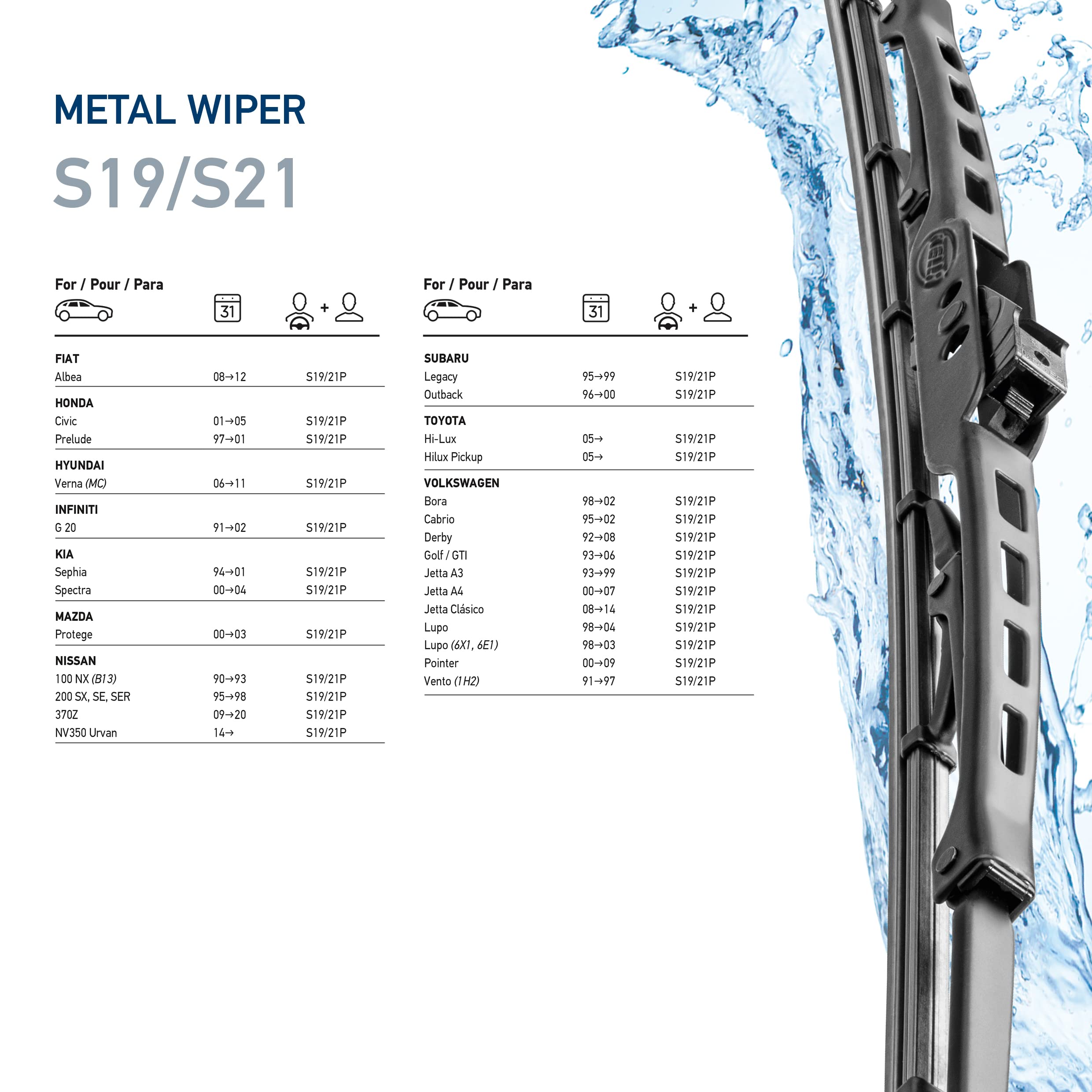 Hella 19 inch/21 Inch All Seasons Streak-Free Rubber Standard Wiper Blade (2 Blades) OE Quality fit select Fiat Honda Hyundai Infiniti Kia Mazda Nissan Subaru Toyota Volkswagen / 9XW398114019/21