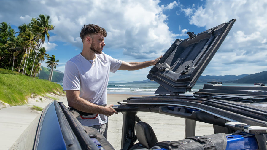 Flip-Top EZ for JL 2dr Jeep Wrangler Freedom Panels One Person System—Flip Back Your Jeep Wrangler Hardtop Freedom Panels Every Day in Seconds! Patented and Patent Pending