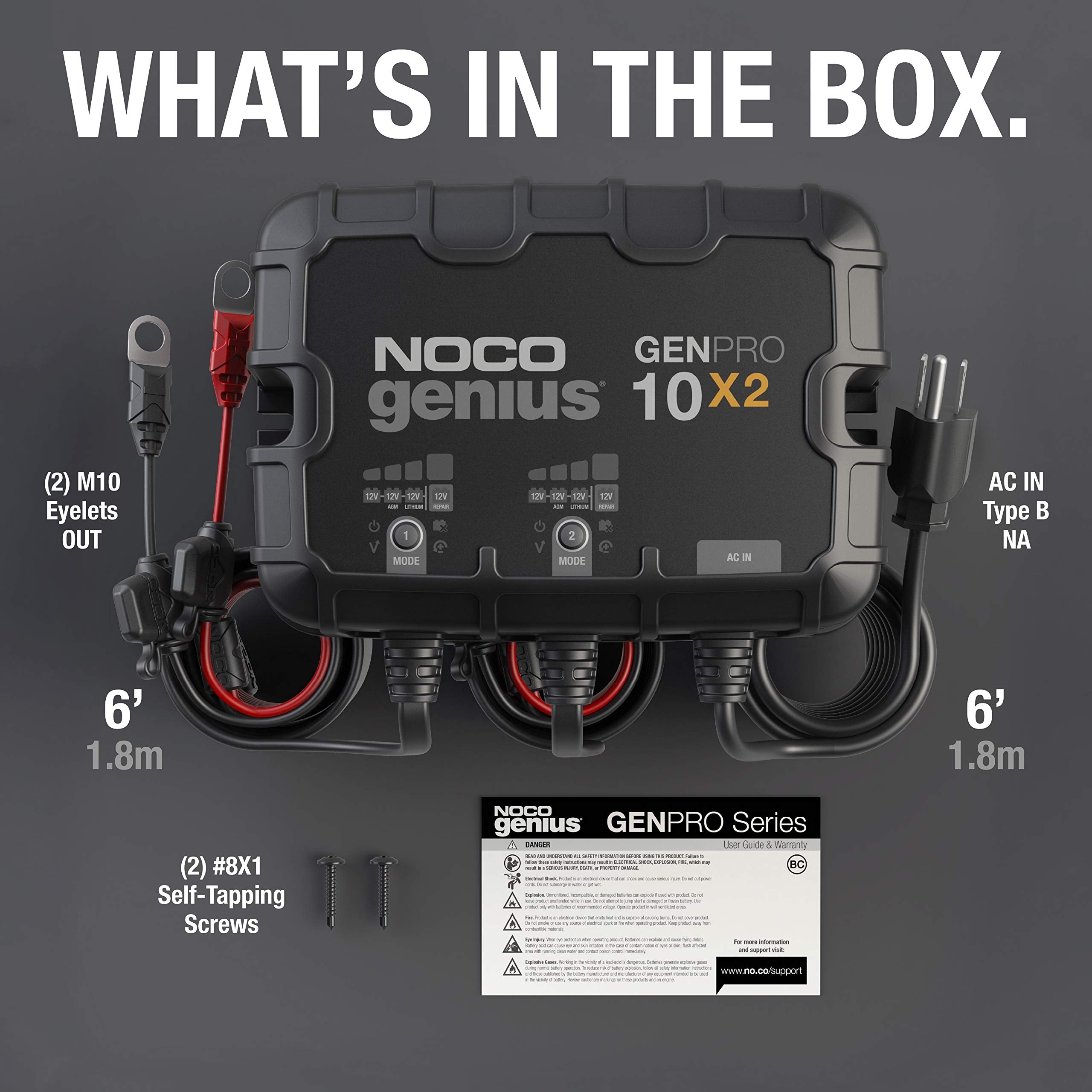 GENPRO10X2 NOCO Genius: 2-Bank, 20A Onboard Battery Charger - 10A Per Bank, 12V Waterproof Marine Charger with Overcharge Protection & Temperature Compensation – for Lead-Acid & Lithium Batteries