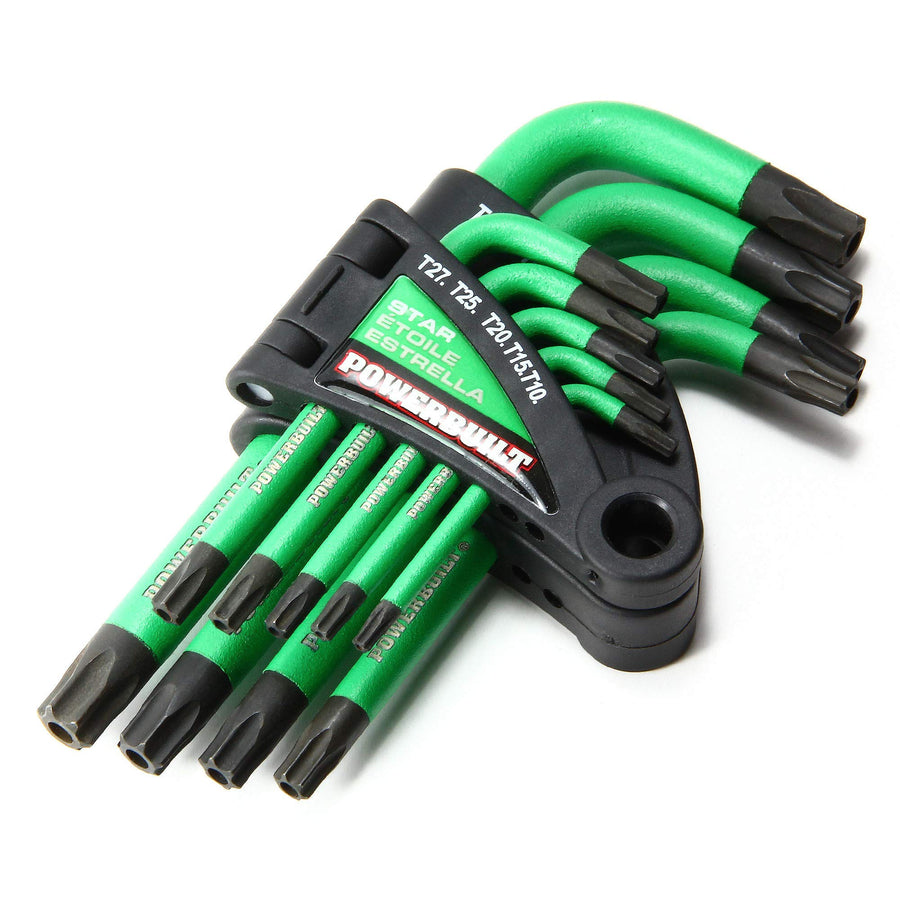 Powerbuilt 9 Piece L-Type Tamper Proof Wrench Set, Short Arm Torx Star Key, Non-Slip Handle, Hex Ball End, Holder - Green 941071