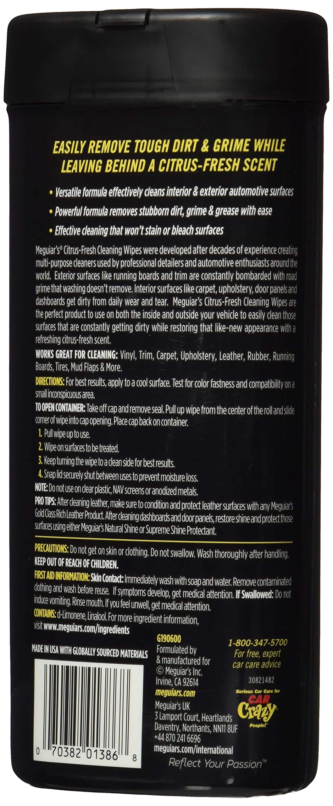Citrus-Fresh Meguiar's Cleaning Wipes - Multi-Surface Wipes Removes Dirt, Grease, and Grime on a Variety of Surfaces Inside and Out - Citrus Scented Wipes that Make for Convenient Cleaning, 30 Wipes