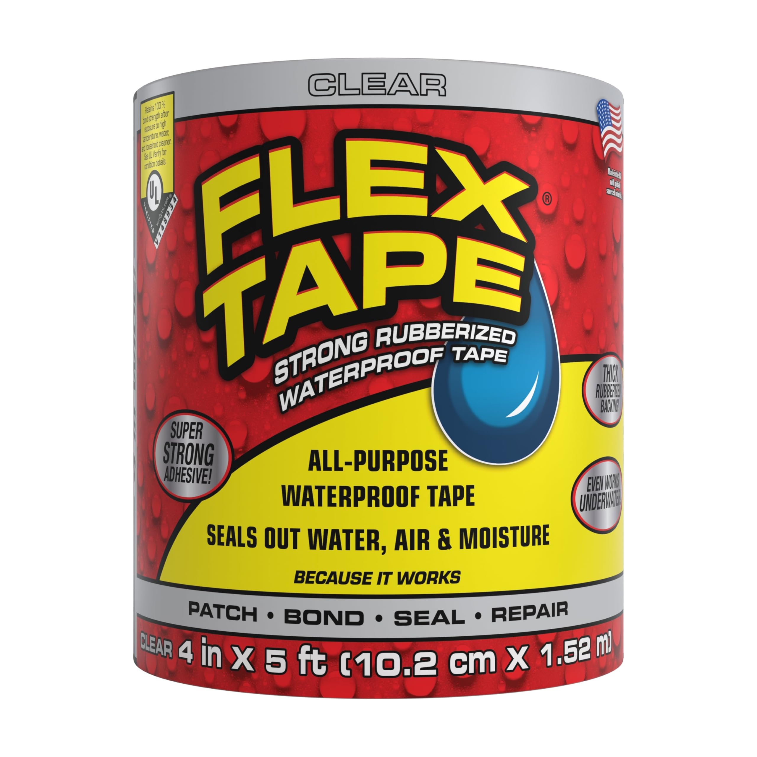 Original Flex Tape, Thick Flexible Rubberized Waterproof Tape - Seal and Patch Leaks, Works Underwater, Indoor Outdoor - Home RV Roof Plumbing and Pool Repairs, Clear, 4 in x 5 ft, Pack of 1