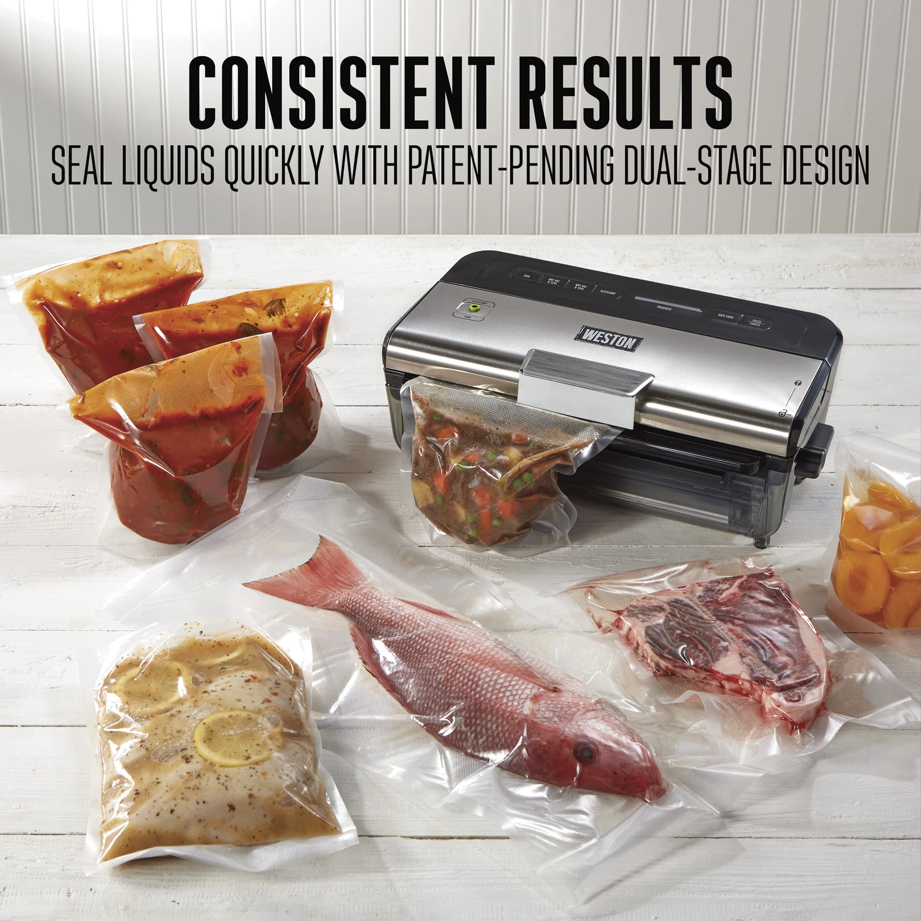 Wet & Dry Vacuum Sealer Machine WESTON BRANDS, Seals Liquid Foods Quickly and Consistently, Date Code Stamp, Built-In Cutter, Pulse Button, Includes 2 Rolls and 6 Easy-Fill Bags, Black (65-1601-W)